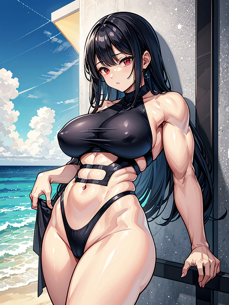 (((masterpiece、Highest image quality、highest quality、highly detailed unity 8kwallpaper)))、((Illustration of one girl))、(((beautiful girl)))、((black hair、Very Longhair、straight:1.2、red eyes))、(tall、stocky build, thickset physique, muscular legs, broad shoulders, solid chest)、swimsuit、sandy beach