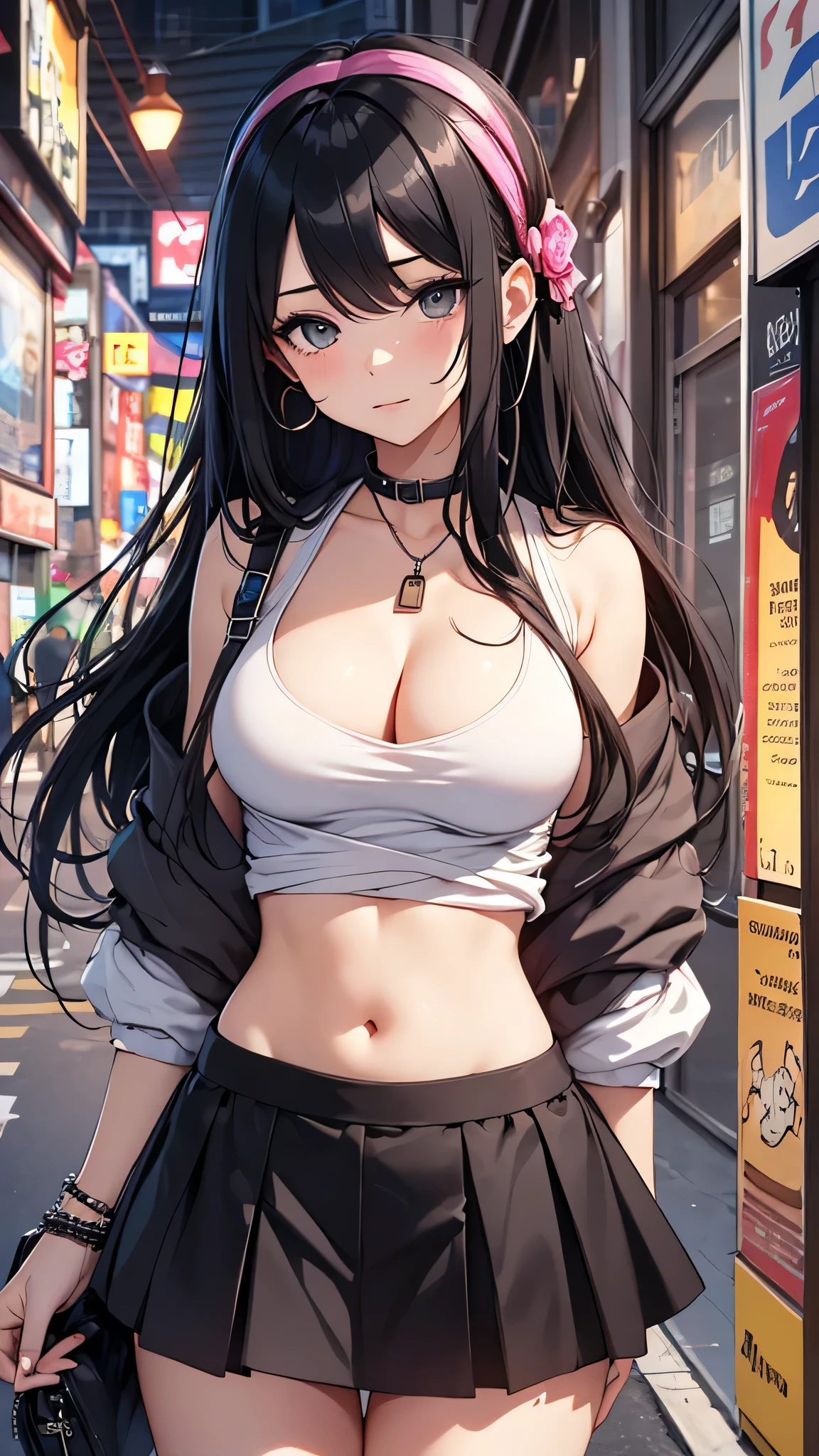 highest quality、Highest image quality、masterpiece、teenage girl((18-year-old、 Agar、vest bust、medium bust,wide open breast tea、Black eyes, black hair、long hair、slender,highest valley、cute makeup、Black short skirt、Red spats、fluttering hair、White navel tank top、chain accessories、headphones,dance motion)),high quality、beautiful art、background((Live on the street、galleries、Akihabara)),muste piece、Depth of written boundary、movie、visual art、perfect art、
