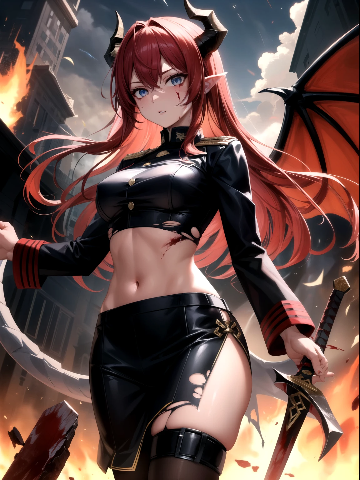 1girl,black military uniform,wide hips, red hair,long hair,floating hair, blue eyes, debris,close-up, walking, explosive in background,fire in background,sword, dragon horns,( dragon wings),dragon tail, (blood on face),(torn clothes), blood on clothes, scar, midriff, parted lips, dark sky, storm,blood from eyes,embers,