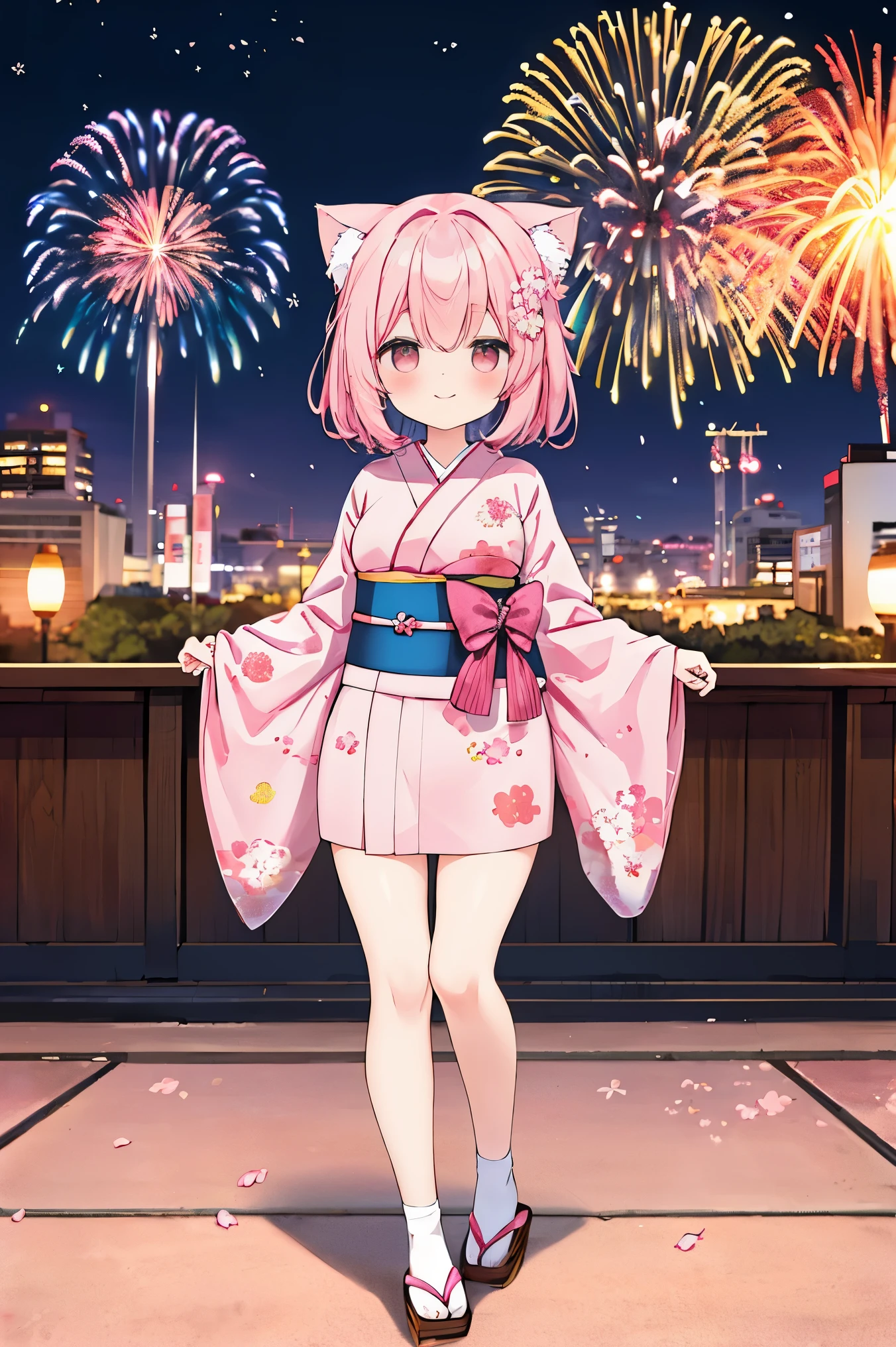 "anime girl, 1 person, pink hair, pink cat ears, pink eyes, kimono, cherry pink kimono, cherry blossom petal pattern on shirt, long stockings, big breasts, festival, New Year's Eve fireworks, watching fireworks, night, smiled shyly,solo, looking from different directions, standing cross-legged,chibi, full body.(full HD 4K+ image)"