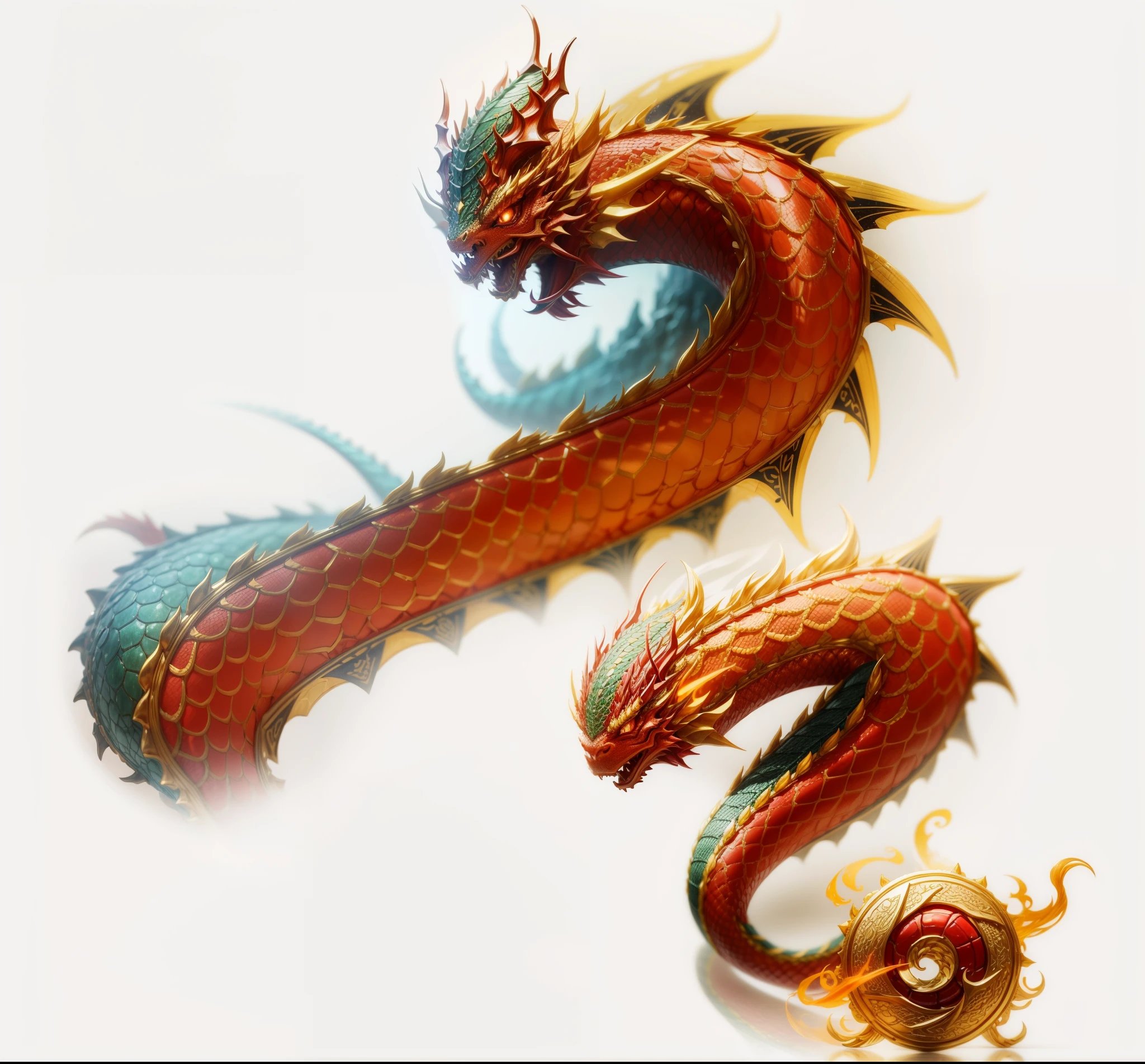  art,Chinese dragon body,cute,Red dragon scales inlaid with golden edges,Yelloreen back hair,蓝灰色mellow腹部,cute,Structured,8K,three-dimensional sense,mellow,Rich in details,cute,