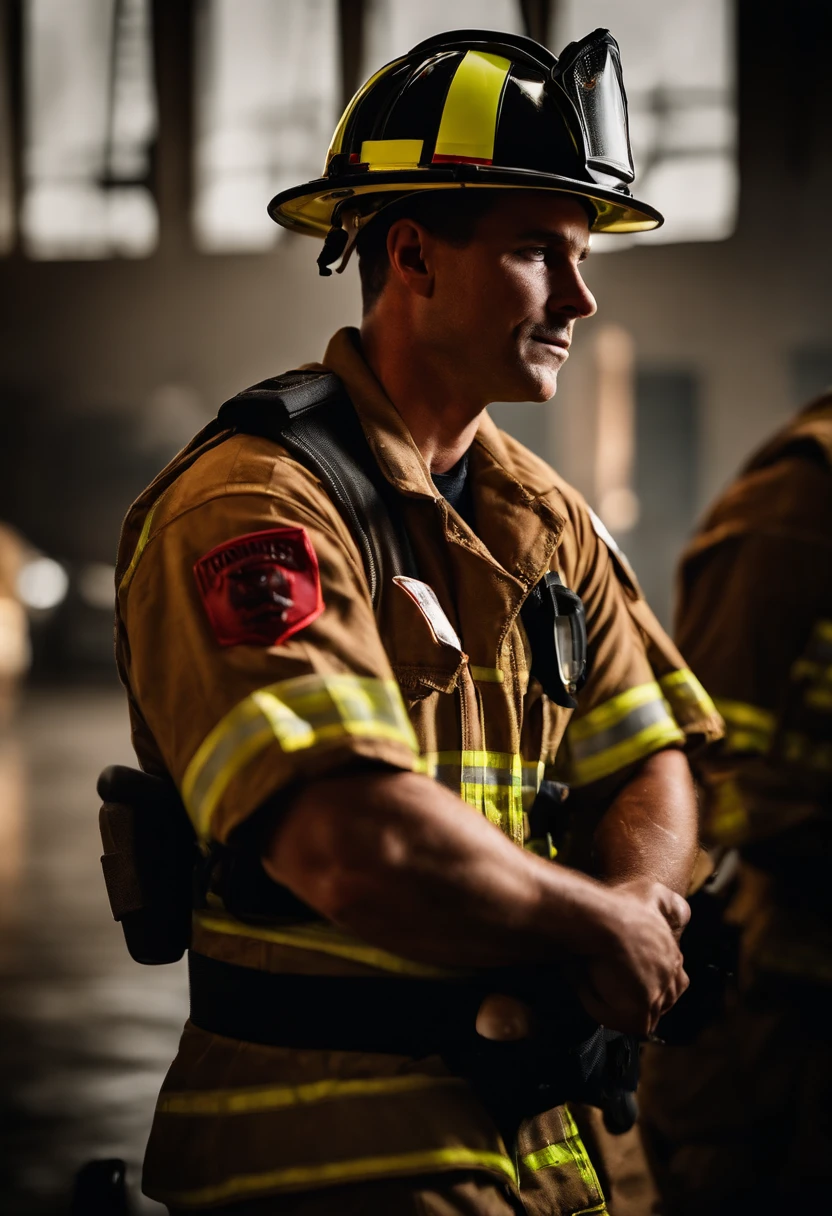 a candid shot of a firefighter with crossed arms sharing a moment of reflection or camaraderie with their colleagues, highlighting the human side of their profession