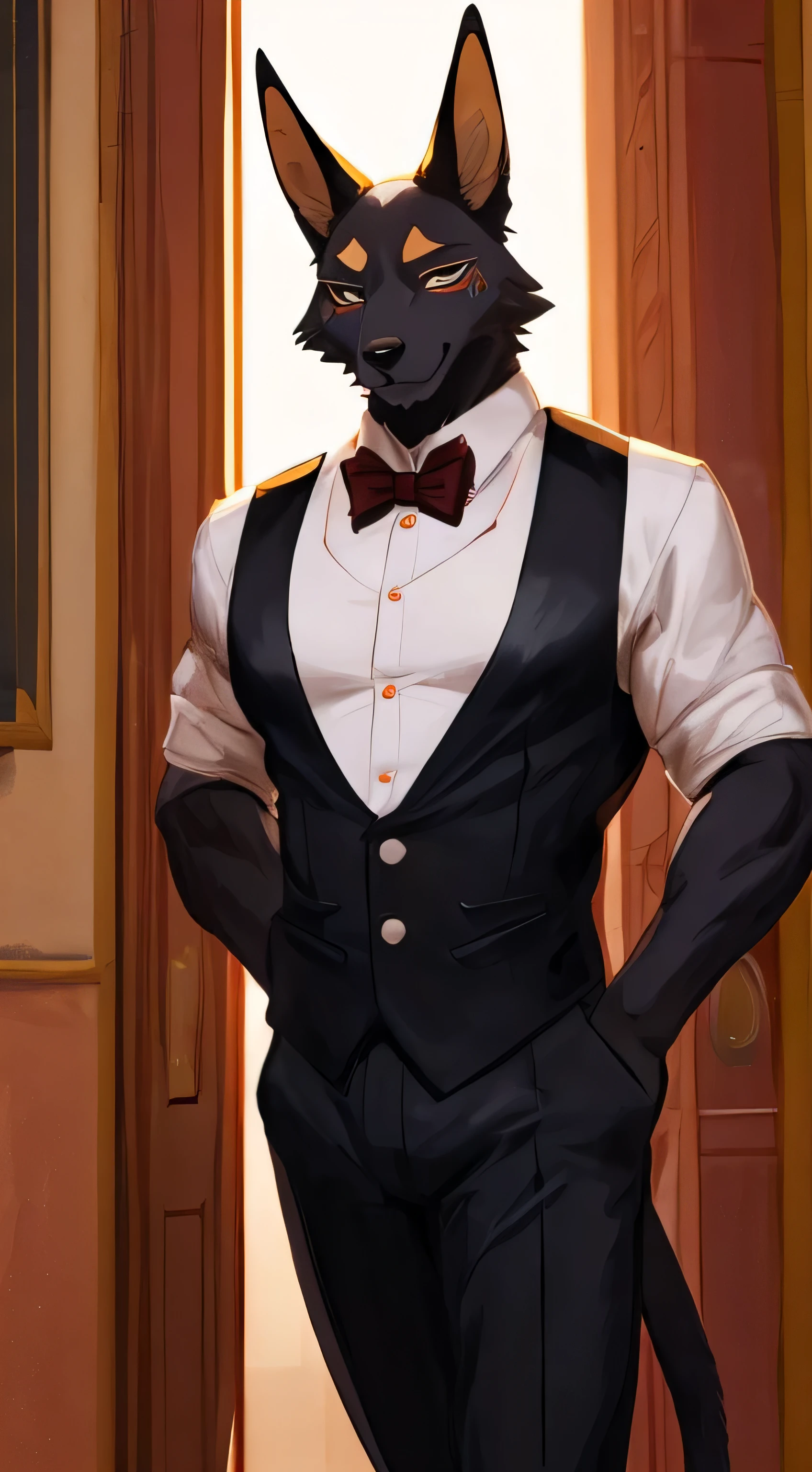(Best quality: 1.0), (Super High Resolution: 1.0), (masterpiece, best quality:1.2), man, male anthro, solo, anubis, dilf anubis, grandpa anubis, old man, old, grandpa, really old man, (about 70 years old), huge, tall, daddy, legs, tail, looking pleasured, sexually, sexy pose, SFW, (black body:1.1), skinny, huge pecs, look at view, detail hands, butler, butler outfit, shirt, pants, vest, very detail, look at view, first person view, by bebebebebe