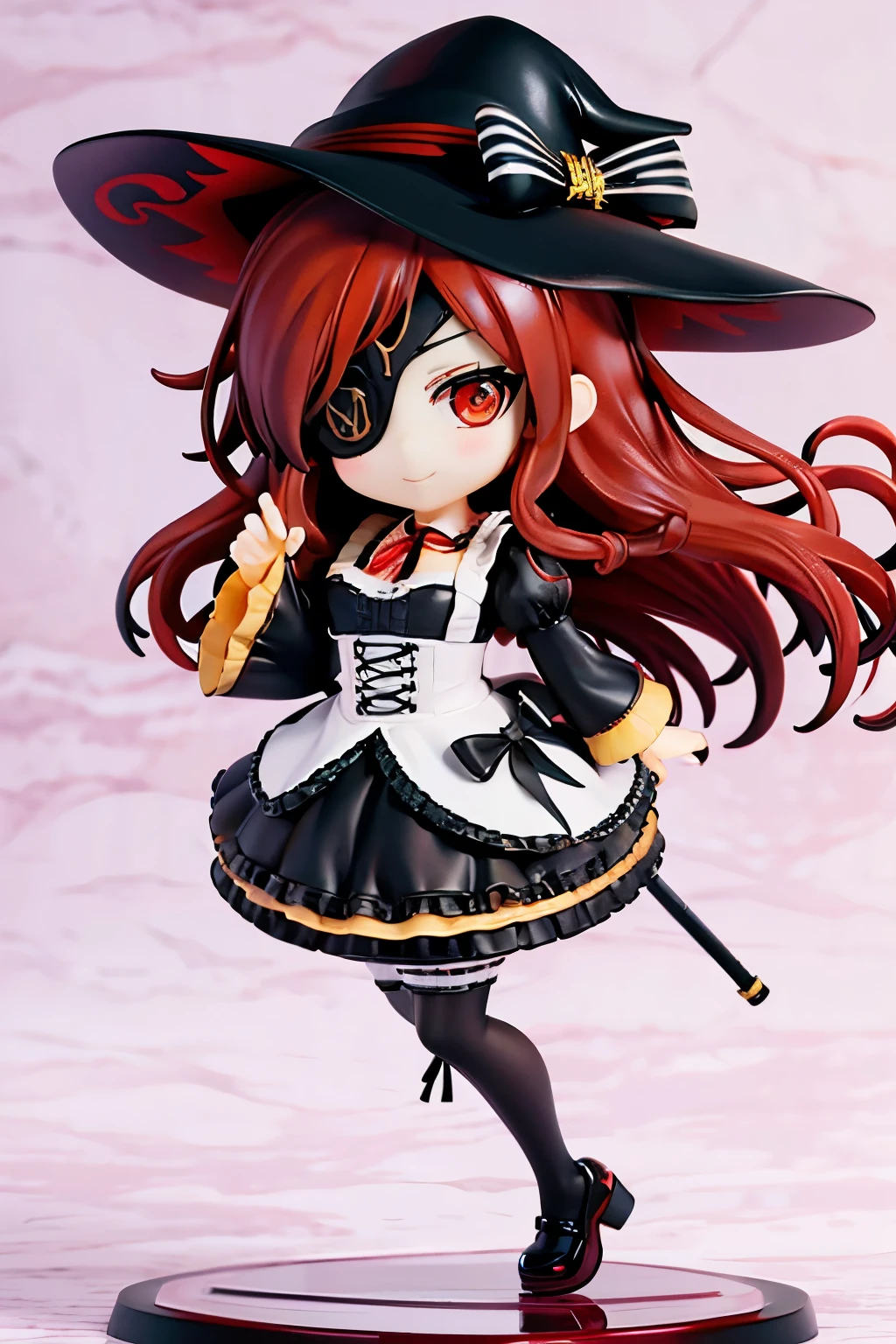 ((best quality)), ((masterpiece)), (detailed), perfect face, perfect eyes, perfect body, ((eyepatch:1.2)), (long hair:1.4), (red hair, red eyes:1.4), Hwa Ryun, smile, 1girl, solo, hat, big hat, skirt, legging, witch hat, dirndl gown, black headwear, black dirndl gown, smile, black skirt, looking at viewer, black legging, long sleeves, black sleeves, bangs, frilled skirt, frills, bow, open clothes, blush, neck ribbon, Star shape eyepatch, gold eyepatch, standing, red neck ribbon, wide sleeves, black robe, open robe, robe, hand on waist, medium breasts, full body, hollow eyes, white background, Action figure girl, nendoroid