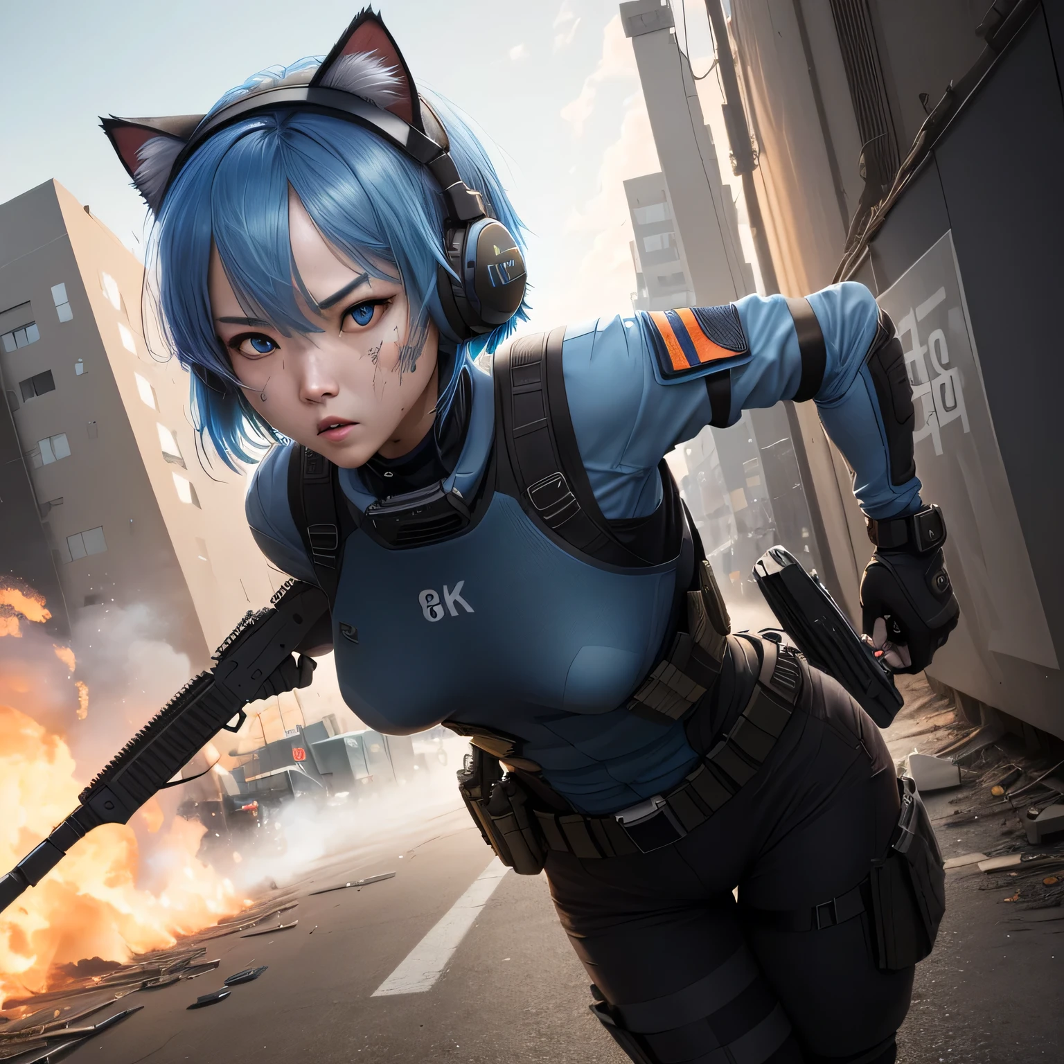 (8k, HDR, RAW photo, best quality, masterpiece:1.2, cinematic lighting), close up view, cinematic view, cinematic angle, a scene of battlefield, (Korean woman holding shield in battlefield), military, combat pose, solo, (thin face), realistic beautiful face, very detailed face, angry face, (blood on the face), serious, (short hair), (bob cuts hair), ((sky blue hair)), path traced hair, (sky blue cat ears), ((sky blue eyes)), beauty eyes, (flat chest), (small breast), ((tactical black headset)), black camo uniform, black shoulder pads, black tactical vest, black armor pads, tactical socks, black tactical pants, detailed and complex busy background, barricade, shooting, bullet rain, fire, explosion, (Battlefield:1.3), look up, upper body