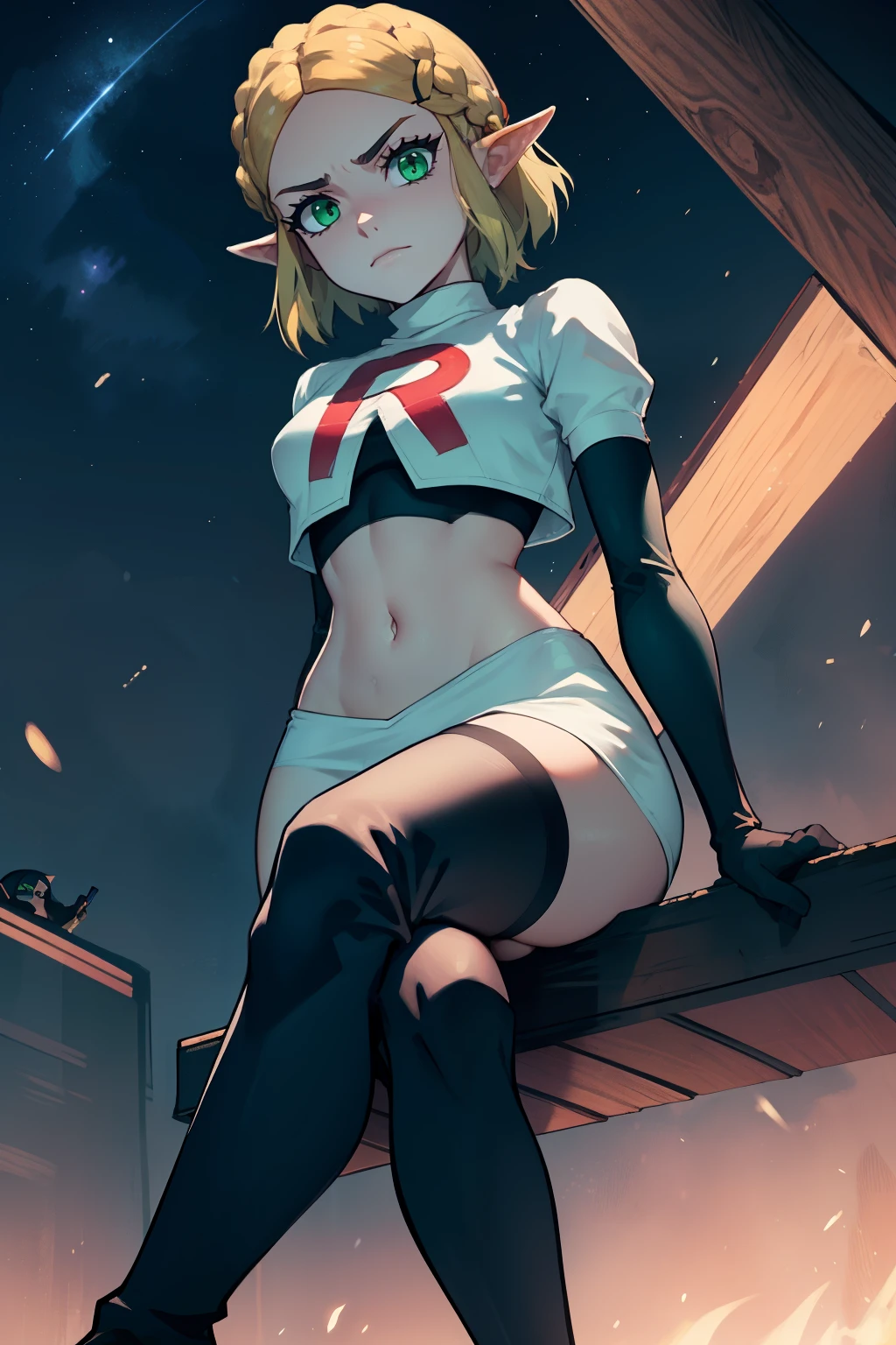 Zelda, green eyes, short hair ,team rocket,team rocket uniform, red letter R, white skirt,white crop top,black thigh-high boots ,black elbow gloves, sinister villianess look, looking down on viewer, crossed legs, night sky background