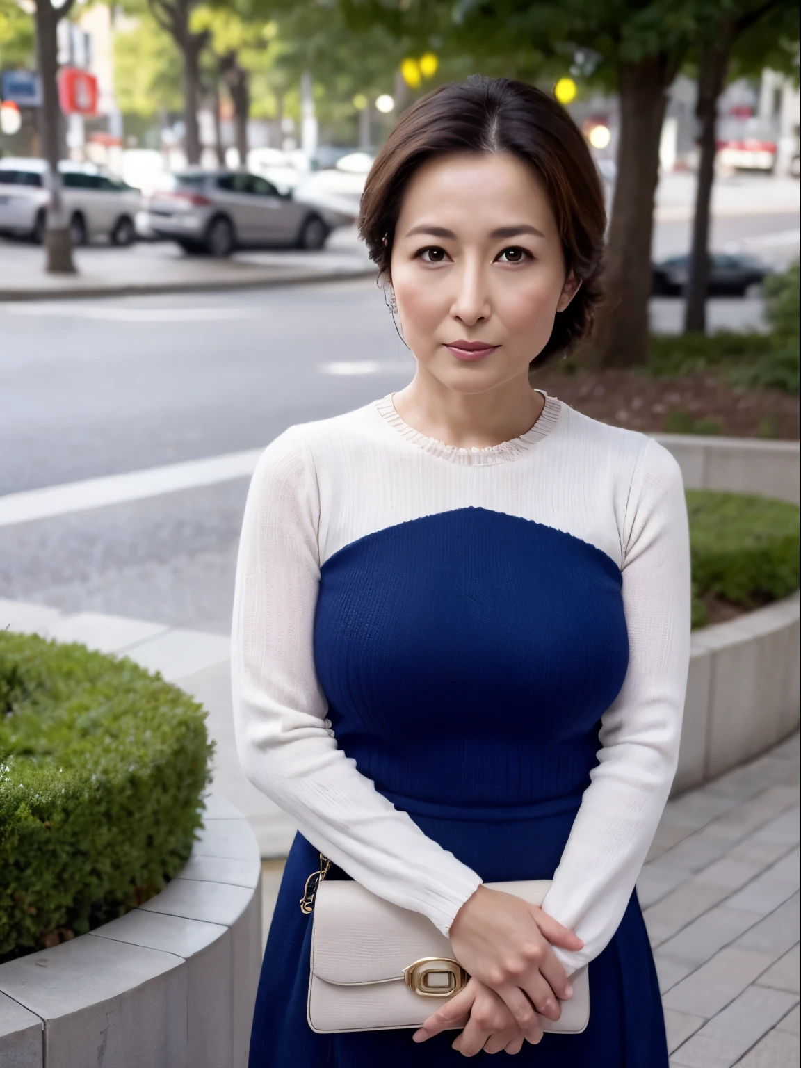 in 8K、Raw photography、Highest Quality、realisitic、Photorealsitic、Professional Lighting、masterpiece、Very delicate and beautiful woman).A women in knits and long skirts, standing on the sidewalk in front of the park, with a handbag, Waiting for me and looking at the camera, 45 years old. A woman similar to Hitomi Kuroki, Has big breasts of J cup.annoyed look,embarrassed expression