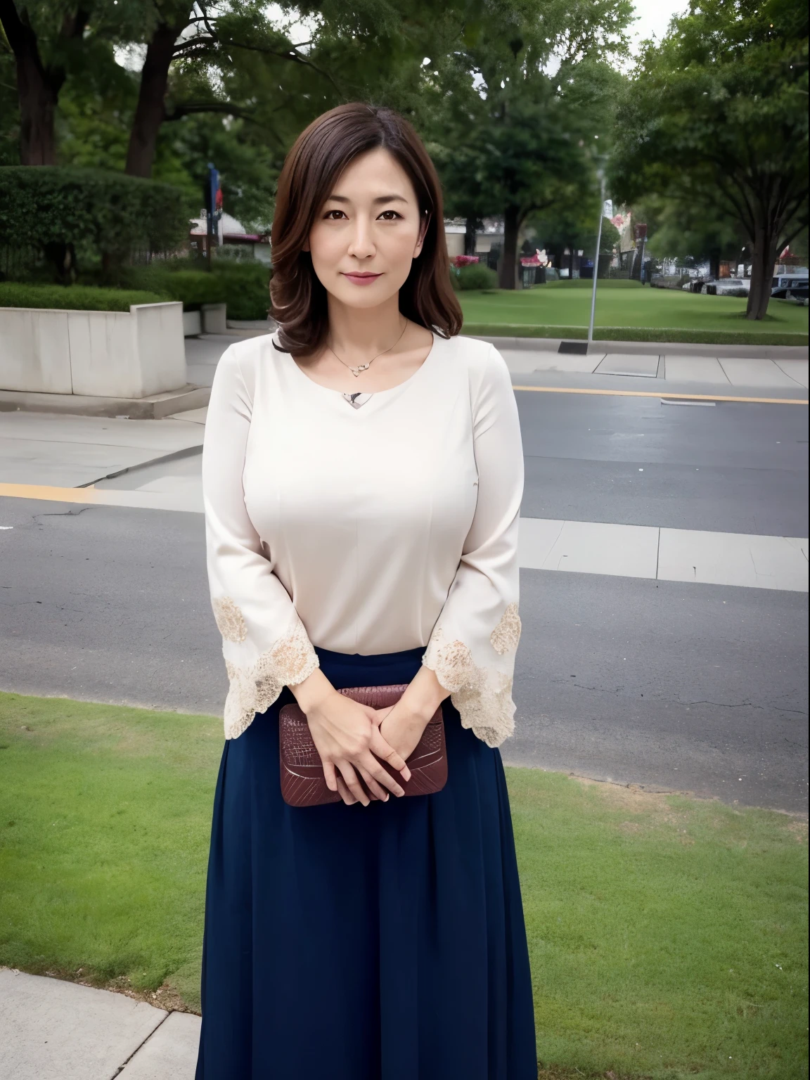 in 8K、Raw photography、Highest Quality、realisitic、Photorealsitic、Professional Lighting、​masterpiece、Very delicate and beautiful woman).A women in knits and long skirts, standing on the sidewalk in front of the park, with a handbag, Waiting for me and looking at the camera, 45 years old. A woman similar to Hitomi Kuroki, Has big breasts of J cup.annoyed look,embarrassed expression