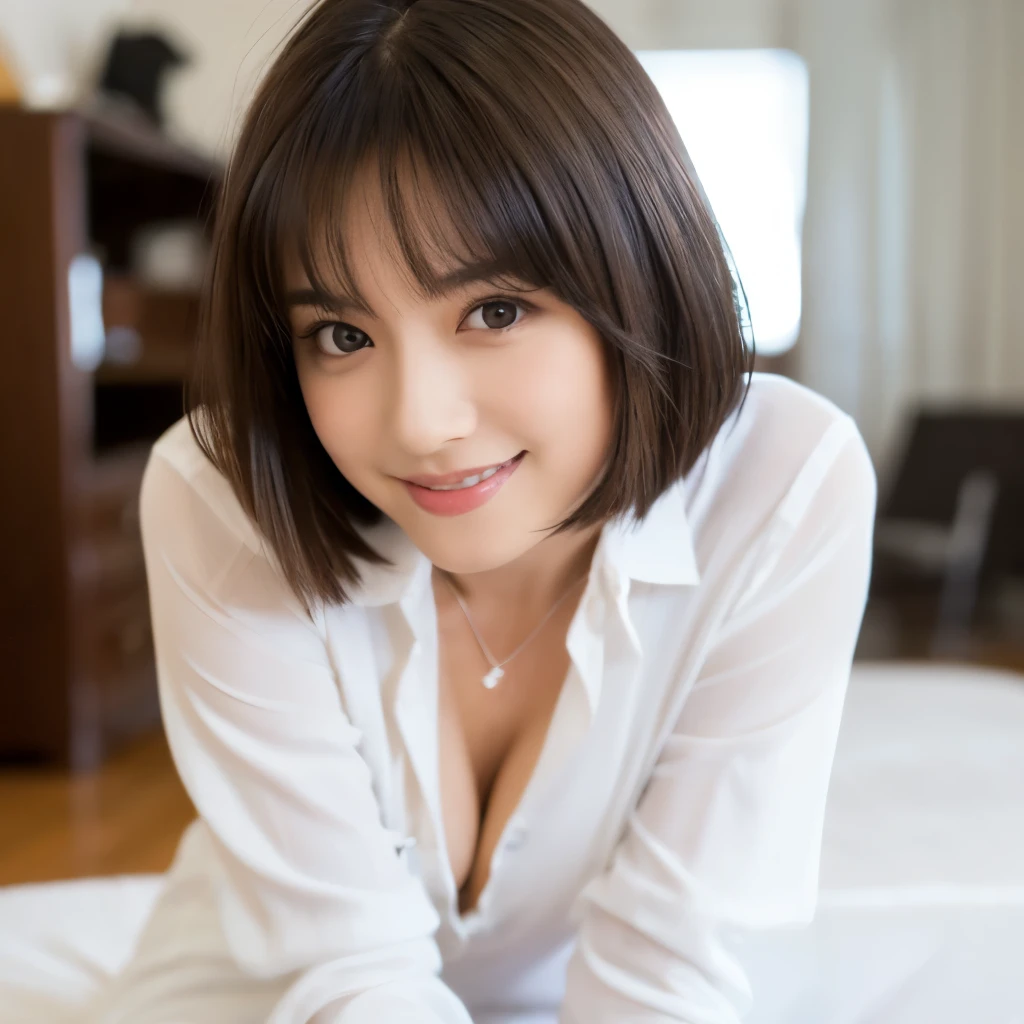 (8k, RAW photo, best quality, masterpiece, ultra detailed, beautiful:1.2), (realistic, photo-realistic:1.5), sharp focus, SIGMA 85mm f/1.4., depth of field, blur background, bokeh, cinematic, soft light, cinematic 

extremely cute 1 Japanese actress, 22 years old, detailed pale skin, detailed face, detailed brown eyes, seductive naughty smile, looking at viewer,  looking up,(close up, leaning forward: 1.3), short straight black hair, white dress shirt, naked shirt,cleavage ,open white formal shirts,long sleeve large white shirts,no panties,bottomless, sexy pose, cozy modern room