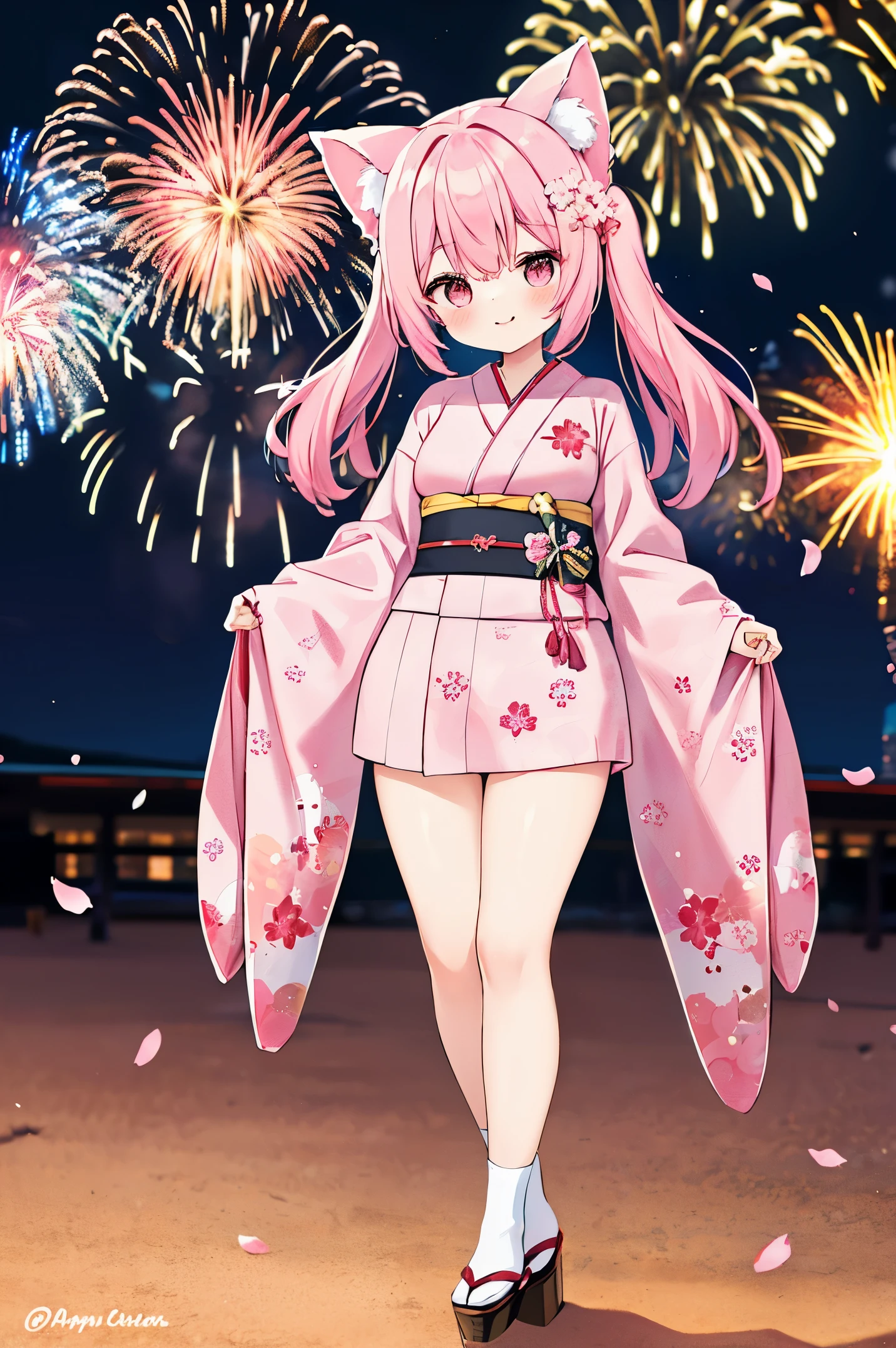 "anime girl, 1 person, pink hair, pink cat ears, pink eyes, kimono, cherry pink kimono, cherry blossom petal pattern on shirt, long stockings, big breasts, festival, New Year's Eve fireworks, watching fireworks, night, smiled shyly,solo, looking from different directions, standing cross-legged. (full HD 4K+ image)"