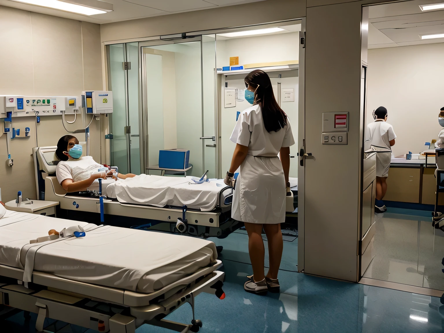 a busy hospital with bustling doctors and nurses, patients seeking care in the waiting area, doctors performing surgeries in state-of-the-art operating rooms, nurses providing attentive care to sick patients, meticulous examinations being conducted by medical professionals, hospital equipment being used for diagnosis and treatment, dedicated hospital staff working tirelessly to ensure the well-being of patients and provide high-quality healthcare