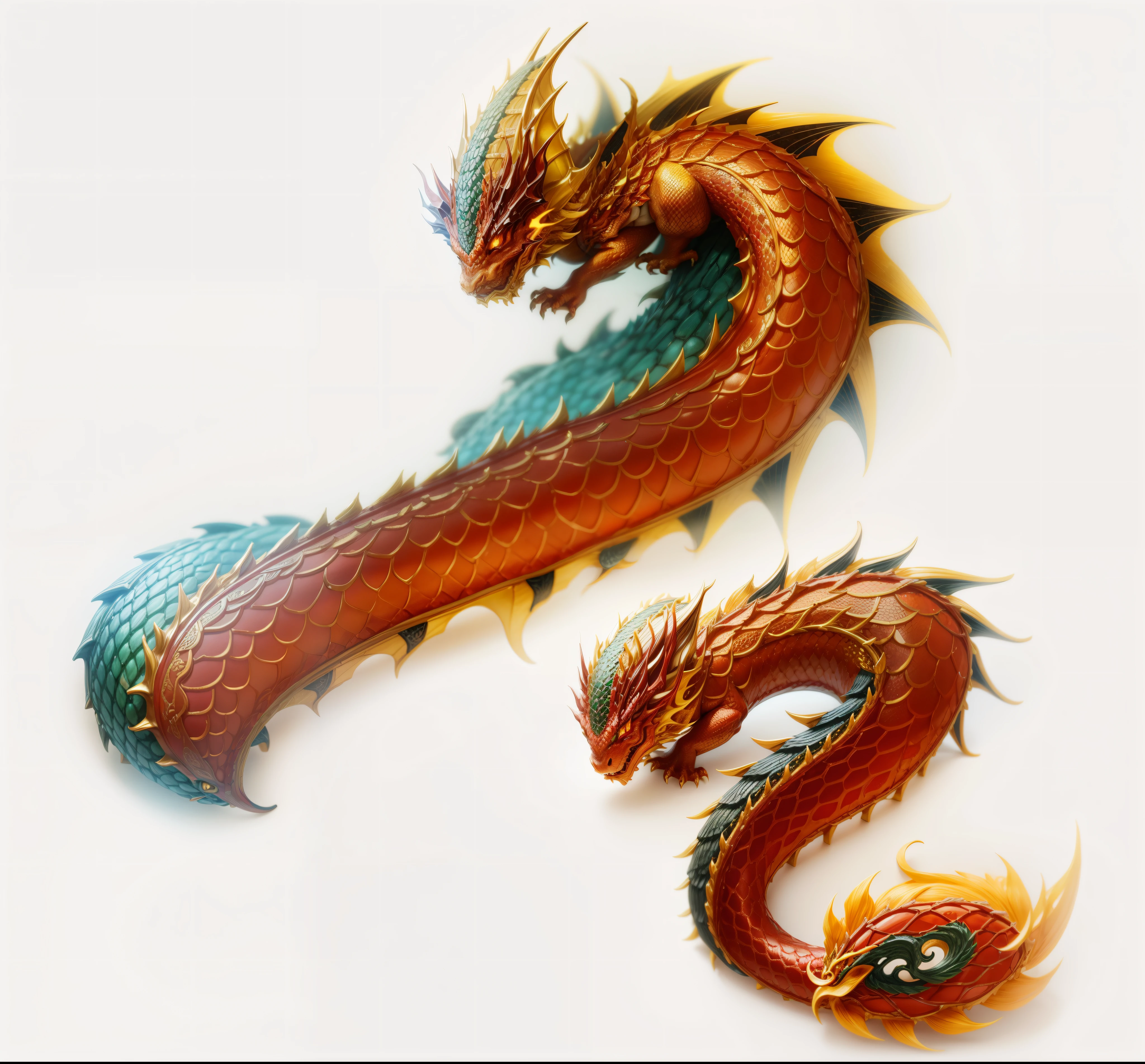  art,Chinese dragon body,cute,Red dragon scales inlaid with golden edges,Yelloreen back hair,蓝灰色mellow腹部,cute,Structured,8K,three-dimensional sense,mellow,Rich in details,cute,