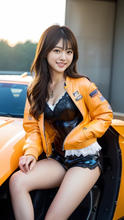 (masterpiece:1.2), (highest quality:1.3), 4k, 8k, 16K, 32K, (UHD:1.5), (realistic:1.5), (photorealistic:1.5), (ultrarealistic:1.3), (Highly detailed CG Unity 8k wallpaper:1.2), (professional photography:1.5), Super detailed, (High resolution: 1.5), (beautiful skin: 1.2), (white skin:1.3), (very sharp focus: 1.5), (very sharp fork:1.5), (beautiful clean face:1.3), (ultra-detailed background, detailed background:1.3), Bokeh, Depth of written boundary, break, Photo of extremely cute and beautiful Japanese woman, Portrait of a bright smiling girl, (full body image), Lighting for magazine photos with symmetrical composition:1.3), (cinematic light:1.3), (Backlight*1.3), full cover lighting, look straight at you with serious eyes,sexy model posing, break, (Chestnut half up hair:1.2), dark brown eyes, beautiful eyes, princess eyes, mahogany hair, one hair, bangs, thin, (big breasts), (tight waist:1.15), , (detailed beautiful girl:1.4), highest quality, woman, , (Details Lace Queen Costume:1.3), (Orange rubber jacket with small black details:1.3), (black high waist shorts:1.3), (Beautiful sunset suzuka circuit view background:1.2), (toothy smile:1.3), (light smile:1.1), ((完璧なwomanの体)), (full body image:1.3), frame head, perfect anatomy, (perfect proportions, 8.5 life size)、(sitting in the car)、(sitting on the hood of the car and smiling)、(Angle shot from the side:1.3)、(facing left)、