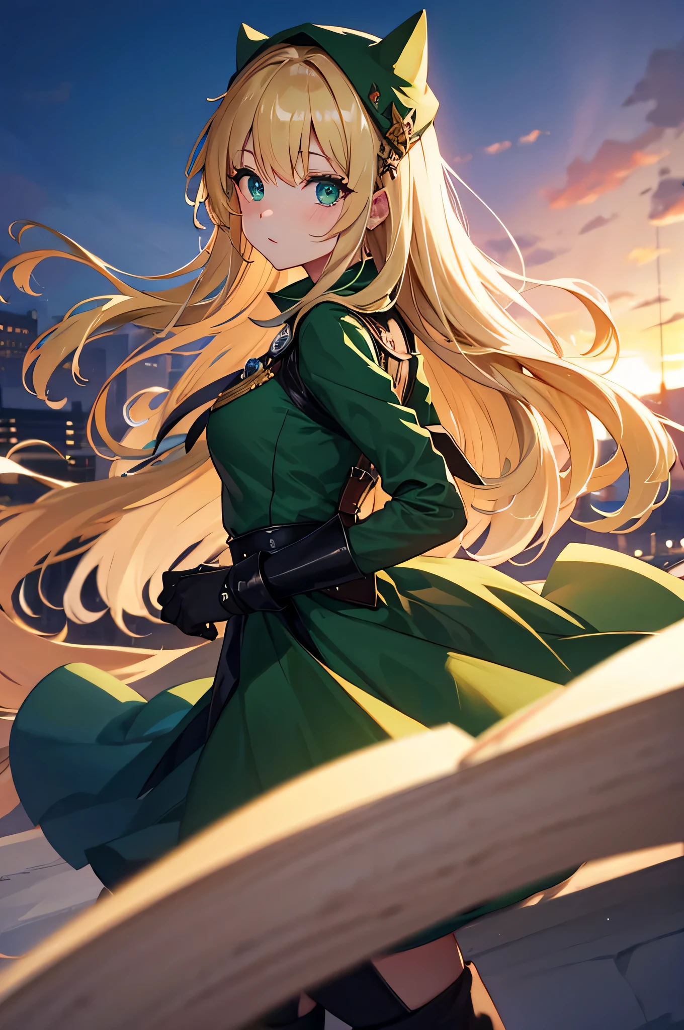 4k,High resolution,one woman,blonde,long hair,green eyes,sister,dark green military dress,dark green boots,dark green long gloves,dark green hood,collapsed city,sunrise sky