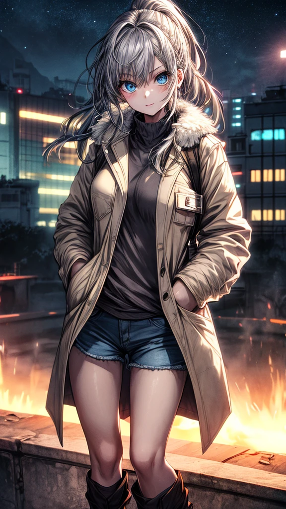 (Enrich the picture,Masterpiece level quality,)Beautiful 8K CG artwork,1girl,solo,detailed face, perfect face, perfect eyes,blue eyes,Long Hair, pony tail,Very long hair,grey hair,chuckle,Slim and soft,big breasts,Black Bikini,denim short shorts,open shorts,oversized white fur coat,white coat,(((((hands in pocket,)))))combat boots,outdoors,night,neon lights,