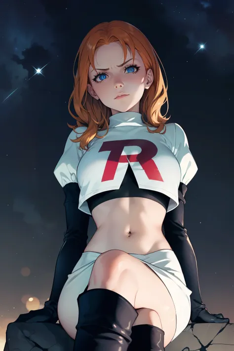 annette_war ,glossy lips, light makeup ,team rocket,team rocket uniform, red letter r, white skirt,white crop top,black thigh-hi...