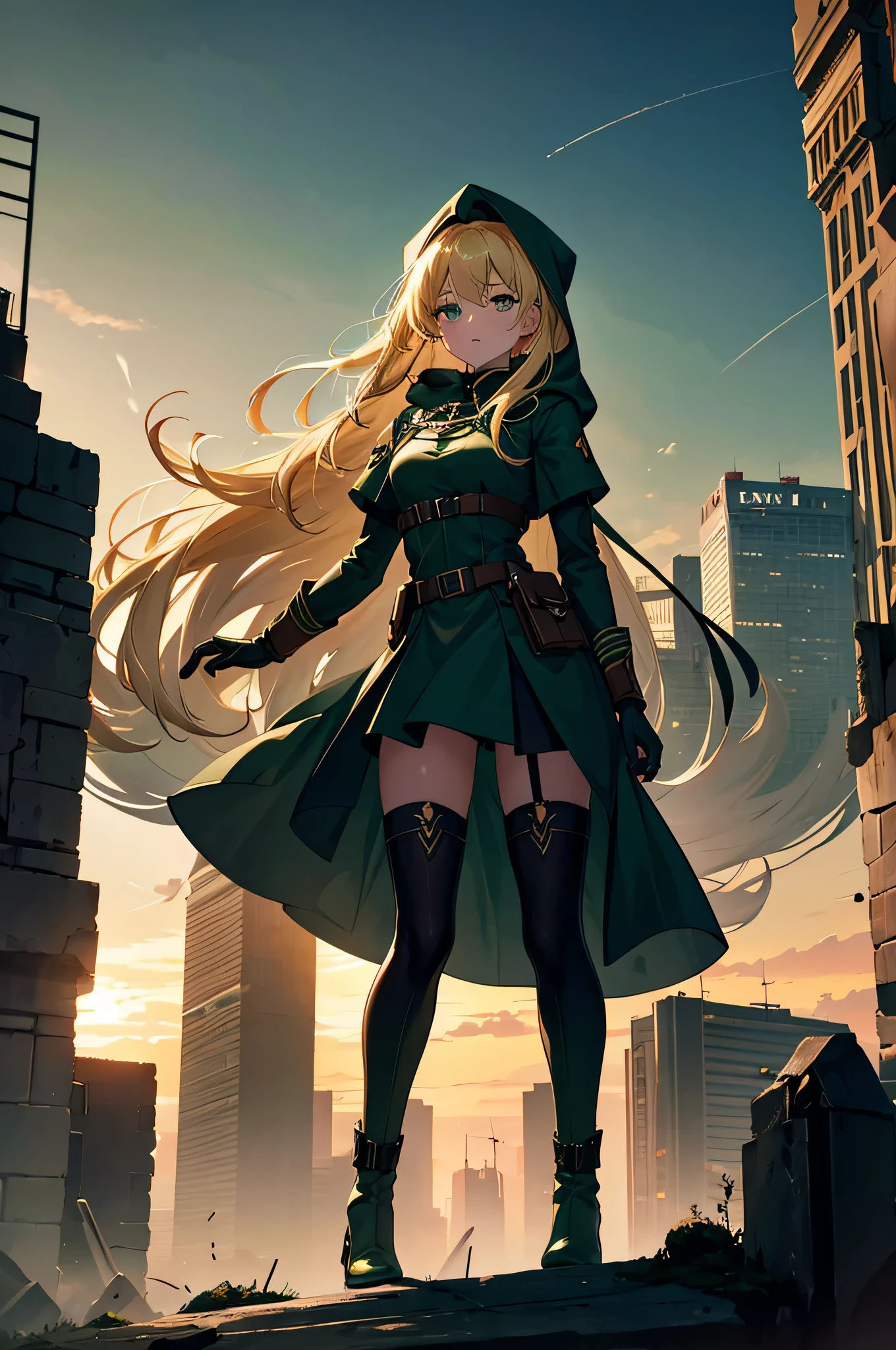 4k,High resolution,one woman,blonde,long hair,green eyes,sister,dark green military dress,dark green boots,dark green long gloves,dark green hood,collapsed city,sunrise sky