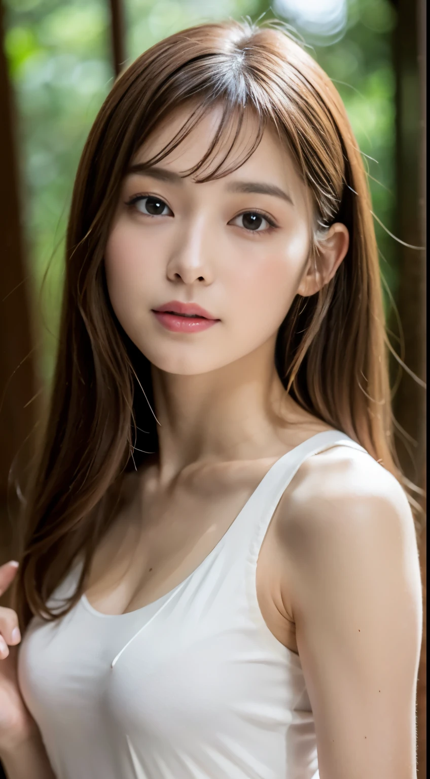 1 female, close up of face, medium chest, light brown hair, dull bangs, hair behind the ear, hair on shoulders, long hair, slender body shape, Ultra fine face, thin face, delicate lips, beautiful eyes, light blush, eyes are light brown, perfect shiny skin, perfect skin, Shining sweat,See here, extra thin hands, Super thin fingers, Optimal ratio of 4 fingers and 1 thumb, (realistic:1.3), finger Extensions, see-through white blouse. coniferous forest, One person's point of view, fuji film, f/1.2, 8k, table top, nffsw, Super detailed, high quality, 最high quality, High resolution,abs,6 Pack,