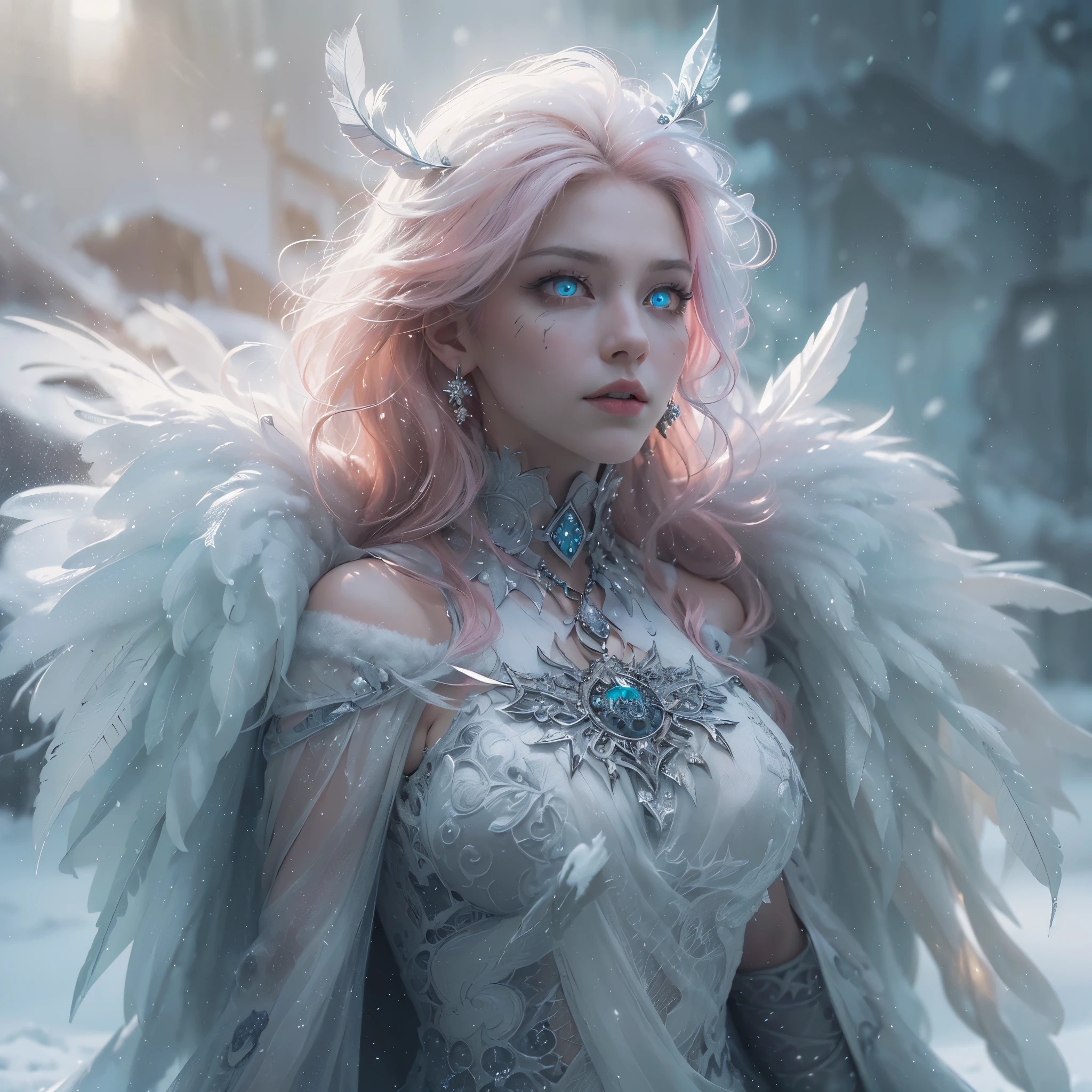 (award-winning masterpiece, incredibly detailed, textures and maximum detail), (hyper realism:1.4), (realism:1.3), (top quality realistic textured skin), (detailed circular symmetrical eye-catching exquisite face), ((medieval world)), ((devil)), ((lord is frozen (frozen arctic devil), (eyes bright and burning like snow), (eyes glowing in the dark:1.8), (strong light from within:1.7), (pure white snow costume), ((and strong snow swirls in the background)), ( dramatic light), (magnificent view), (her expression is gentle and beautiful, but somehow terrifying), (large wings with feathers behind her shoulders:1.6), snow glass earrings, (dramatic photo:1.7), (seductive pose), ((dramatic pose)), (gorgeous photo), ( pink hair), (silver hair), (full-length portrait:1.7), ((examining)), ((looking down)), (full-length standing figure:1.8), (gives full-length standing figure:1.8), (elaborately crafted necklace of snow around her neck), (creature with bright luminous:1.1), (swirls and snow ), Satanic great temple, great temple of the devil, old ruins with vegetation, great temple, cathedral, ruins of temple, temple away from temple, (glowing magic circle), ruins of ancient castle, abandoned ruins, crumbling ruins, epic realism, faded, art book, ( Greg Rutkowski:0.8), (teal and orange:0.4) (art book station:1.5), cinematic, ((neutral tints)), (ticker:1.5), (muted colors:1.2), highly detailed, dramatic rehabolate details:1.1), background complex, snow, snowflake