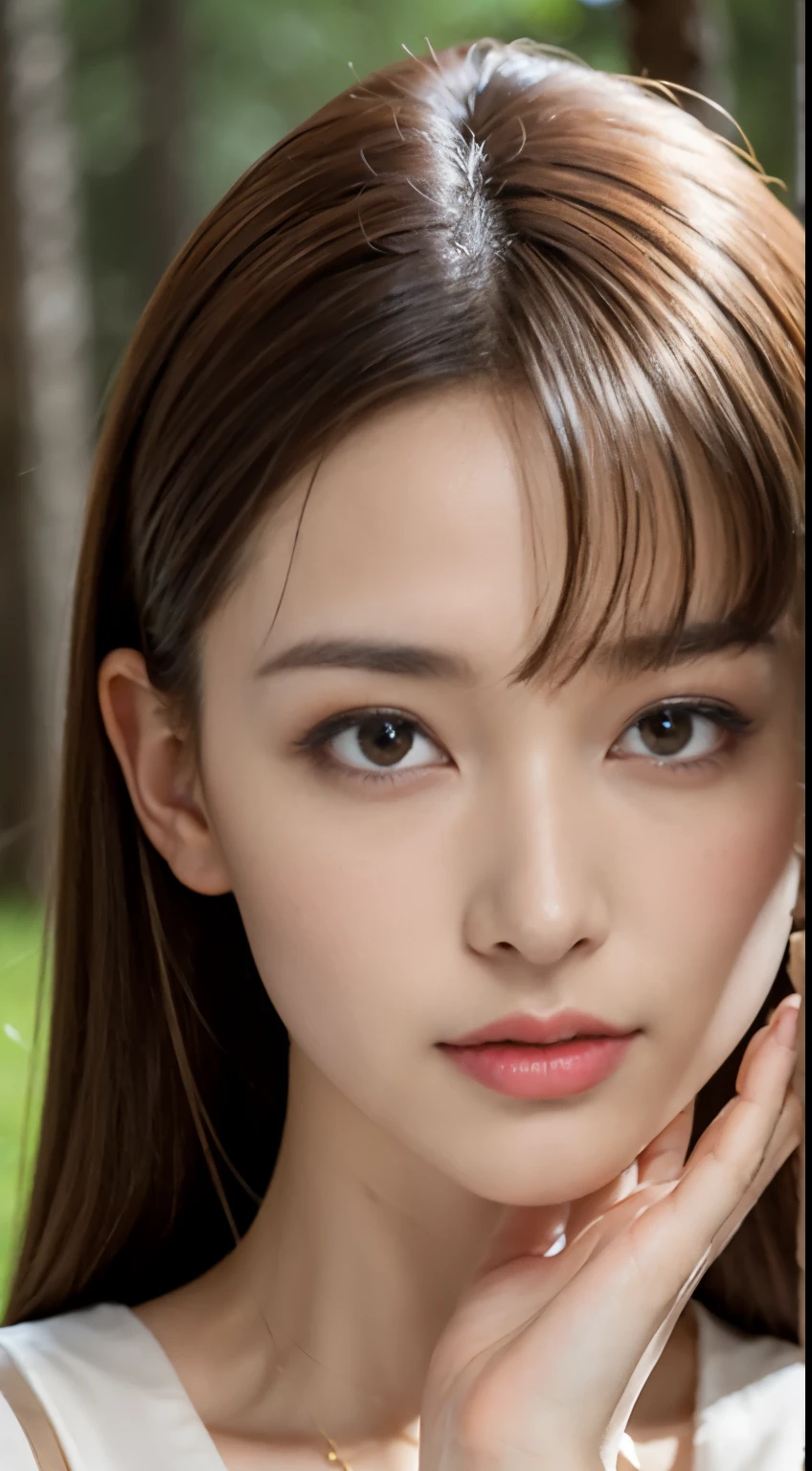 1 female, close up of face, medium chest, light brown hair, dull bangs, hair behind the ear, hair on shoulders, long hair, slender body shape, Ultra fine face, thin face, delicate lips, beautiful eyes, light blush, eyes are light brown, perfect shiny skin, perfect skin, Shining sweat,See here, extra thin hands, Super thin fingers, Optimal ratio of 4 fingers and 1 thumb, (realistic:1.3), finger Extensions, see-through white blouse. coniferous forest, One person's point of view, fuji film, f/1.2, 8k, table top, nffsw, Super detailed, high quality, 最high quality, High resolution,abs,6 Pack,