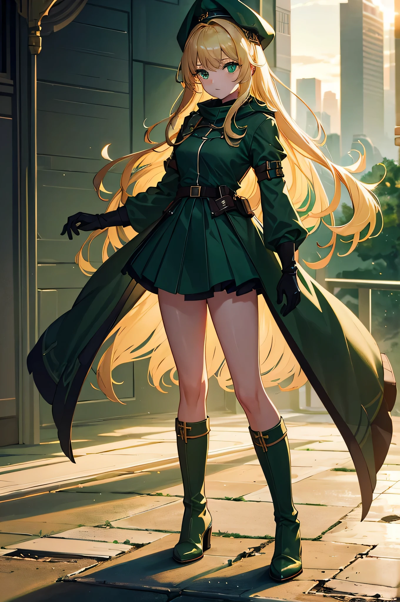 4k,High resolution,one woman,blonde,long hair,green eyes,sister,dark green military dress,dark green boots,dark green long gloves,dark green hood,collapsed city,sunrise sky