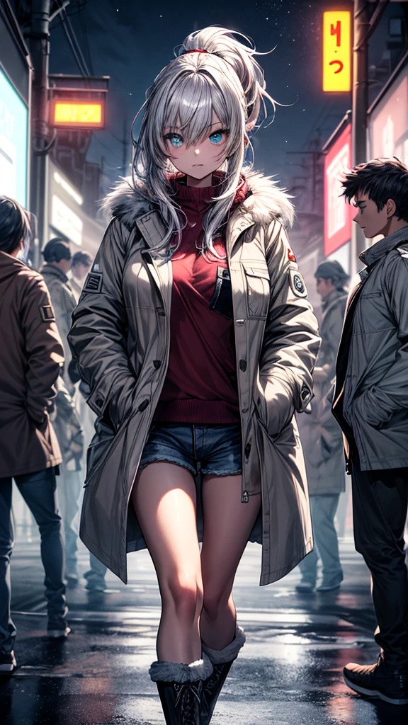 (Enrich the picture,Masterpiece level quality,)Beautiful 8K CG artwork,1girl,solo,detailed face, perfect face, perfect eyes,blue eyes,Long Hair, pony tail,Very long hair,grey hair,chuckle,Slim and soft,big breasts,Black Bikini,denim short shorts,open shorts,oversized white fur coat,white coat,(((((hands in pocket,)))))combat boots,outdoors,night,neon lights,