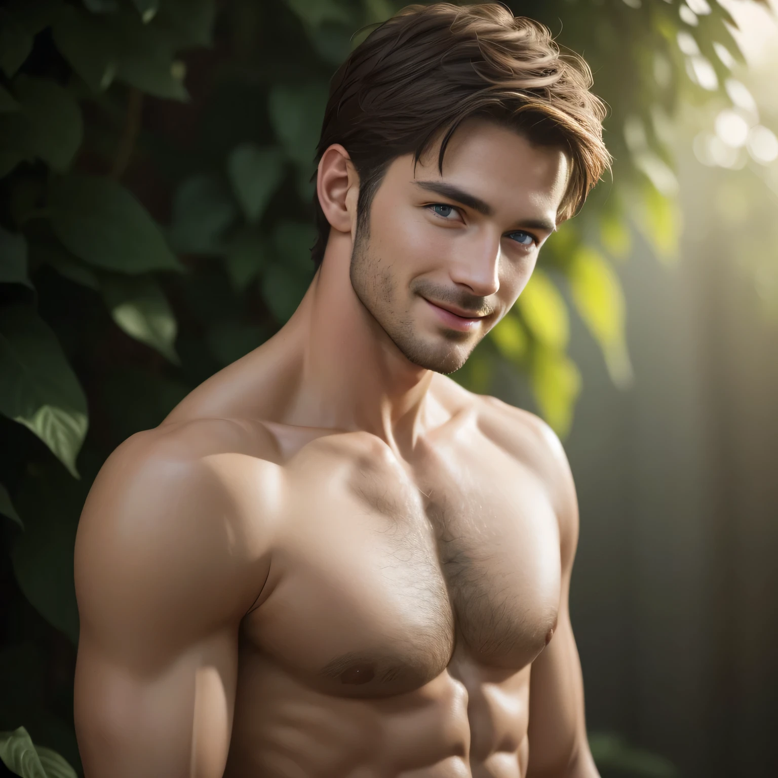 photo of a stunningly handsome man, 25 years, Blue eyes, short hair, Brown hair, full height, naked torso, photorealistic, Best quality, detailed, 8K, HDR, cinematic lighting, sharp focus, short hair, looks at the camera, smiling, slight smile, on a green background