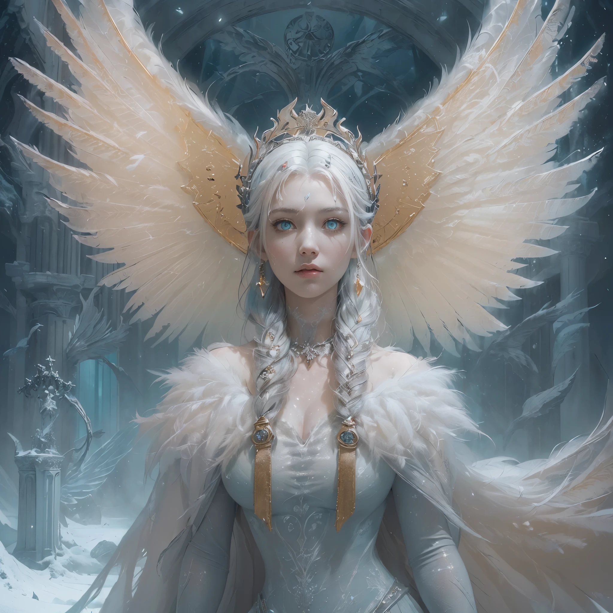 (award-winning masterpiece, incredibly detailed, textures and maximum detail), (hyper realism:1.4), (realism:1.3), (top quality realistic textured skin), (detailed circular symmetrical eye-catching exquisite face), ((medieval world)), ((devil)), ((lord is frozen (frozen arctic devil), (eyes bright and burning like snow), (eyes glowing in the dark:1.8), (strong light from within:1.7), (pure white snow costume), ((and strong snow swirls in the background)), ( dramatic light), (magnificent view), (her expression is gentle and beautiful, but somehow terrifying), (large wings with feathers behind her shoulders:1.6), snow glass earrings, (dramatic photo:1.7), (seductive pose), ((dramatic pose)), (gorgeous photo), ( pink hair), (silver hair), (full-length portrait:1.7), ((examining)), ((looking down)), (full-length standing figure:1.8), (gives full-length standing figure:1.8), (elaborately crafted necklace of snow around her neck), (creature with bright luminous:1.1), (swirls and snow ), Satanic great temple, great temple of the devil, old ruins with vegetation, great temple, cathedral, ruins of temple, temple away from temple, (glowing magic circle), ruins of ancient castle, abandoned ruins, crumbling ruins, epic realism, faded, art book, ( Greg Rutkowski:0.8), (teal and orange:0.4) (art book station:1.5), cinematic, ((neutral tints)), (ticker:1.5), (muted colors:1.2), highly detailed, dramatic rehabolate details:1.1), background complex, snow, snowflake