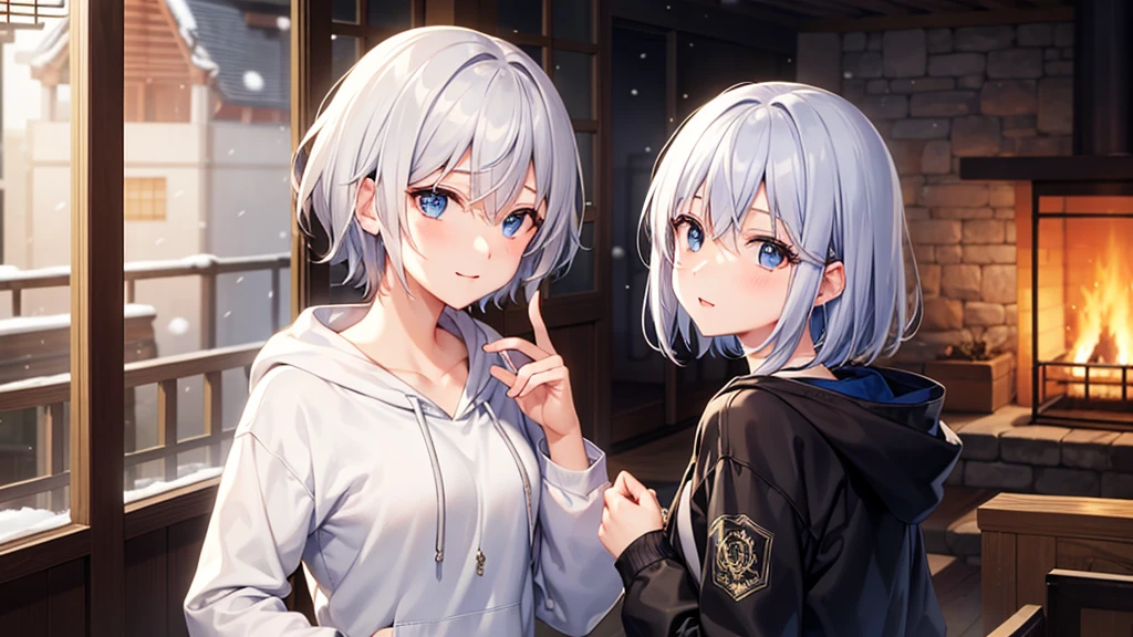 highest quality,woman,one person、 silver hair,show your shoulders,very short hair, long bangs between the eyes, blue eyes,black eye, hoodie,gray hair, hoodie, 白いhoodie、inside the room、five fingers、it&#39;s snowing、Inside Kamakura、warm by fire