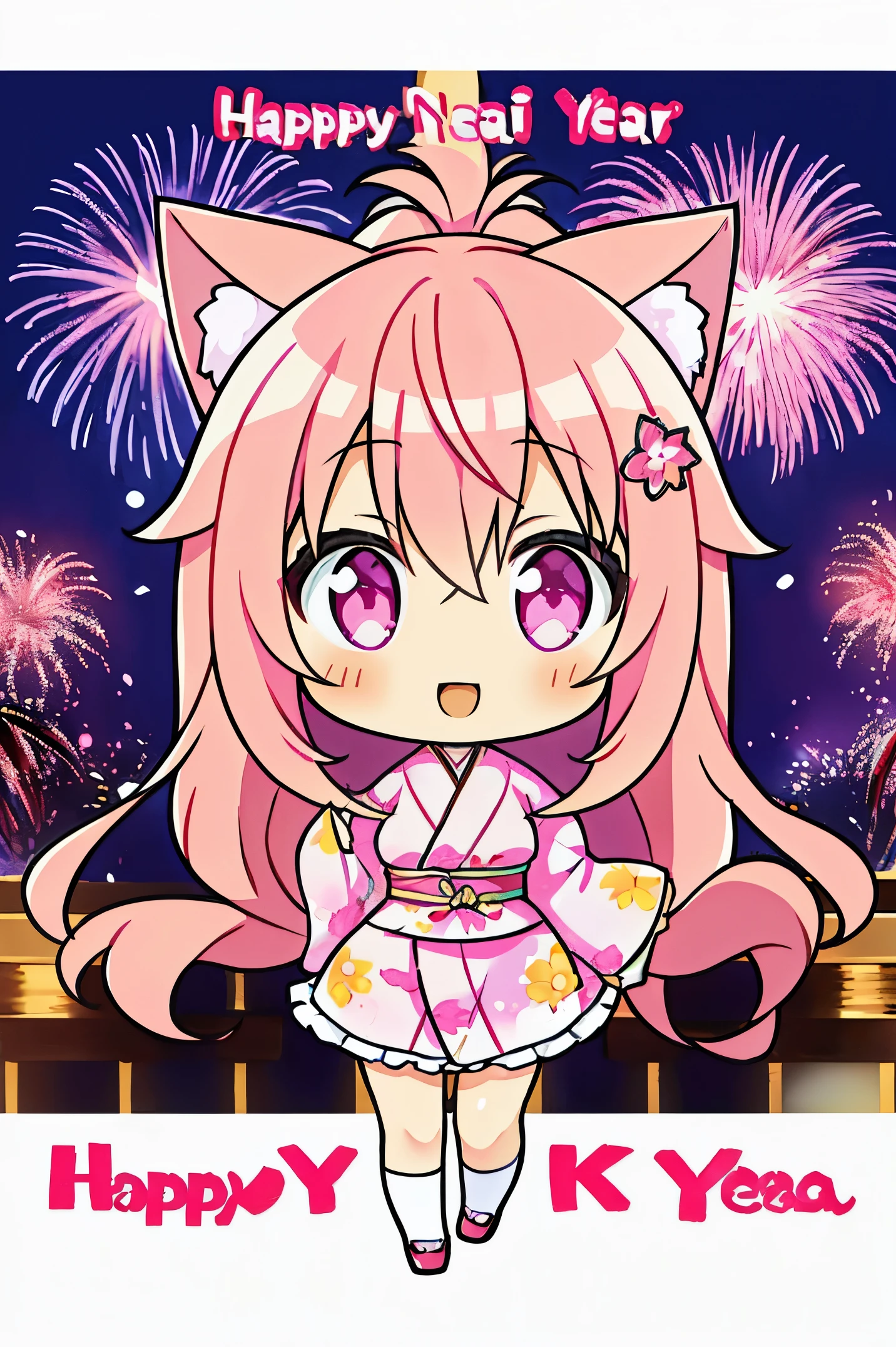 "anime girl, 1 person, pink hair, pink cat ears, pink eyes, kimono, cherry pink kimono, cherry blossom petal pattern on shirt, long stockings, big breasts, festival, New Year's Eve fireworks, watching fireworks, night, smiled shyly,solo, looking from different directions, standing cross-legged,chibi, full body.(full HD 4K+ image)"
