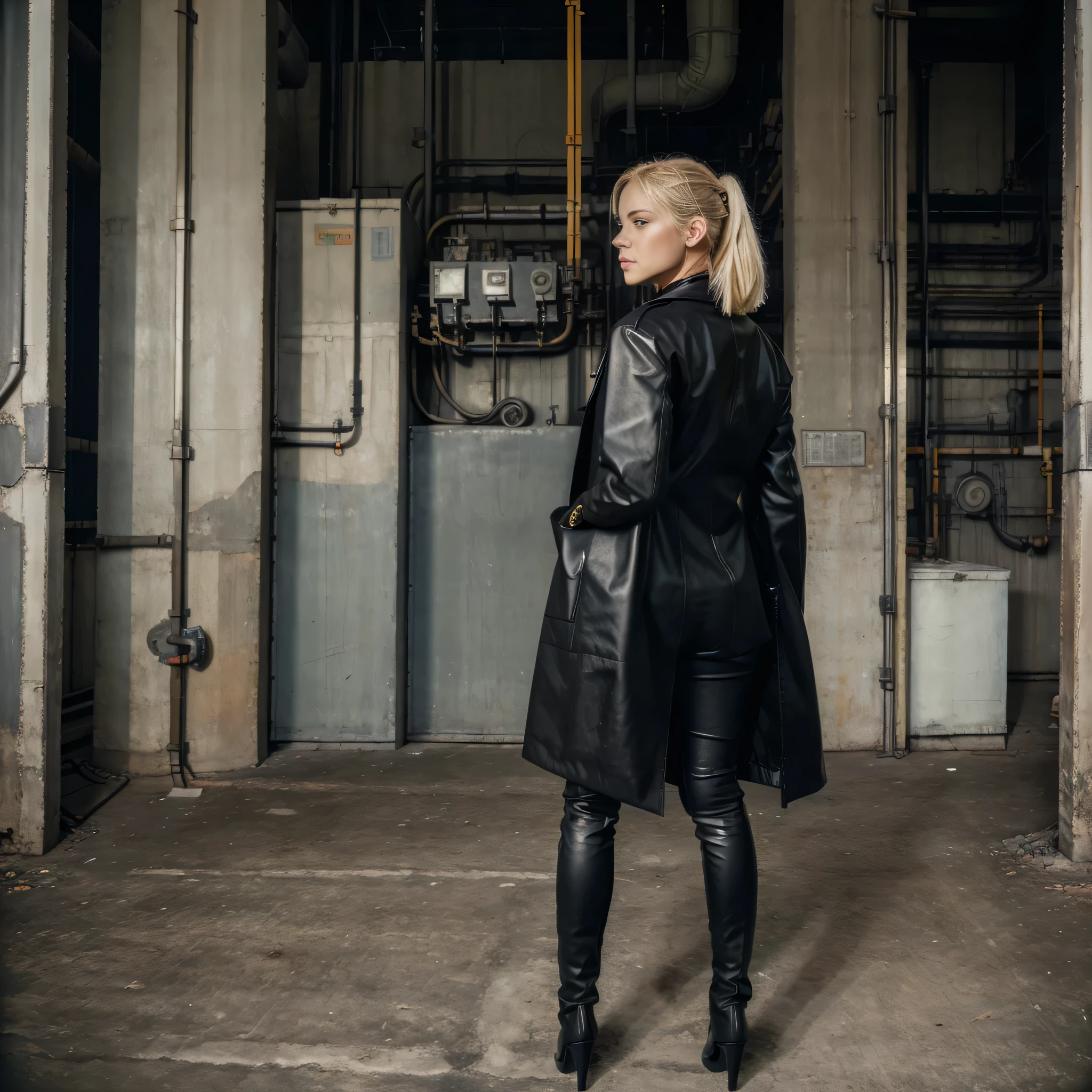 ((best quality)), ((masterpiece)), (detailed), ((full body shot)), polaroid photo of a blond girl, wearing a matrix coat, full black outfit, looking away, iniside an industrial factory, realistic