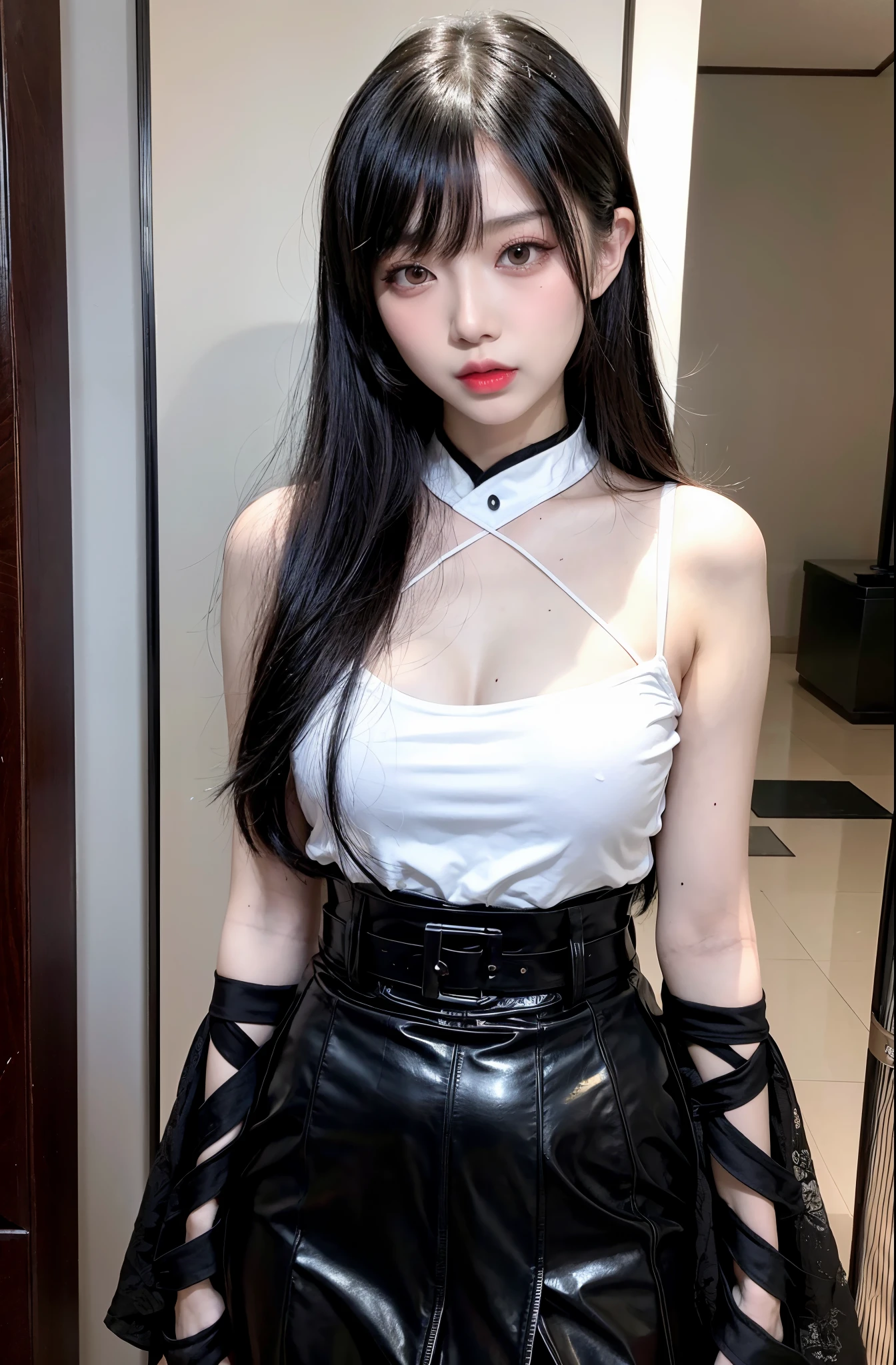 araffe asian woman in a white top and black skirt, gorgeous chinese model, full body xianxia, beautiful asian girl, gorgeous young korean woman, japanese goddess, korean girl, cruel korean goth girl, cute elegant pose, beautiful south korean woman, chinese girl, white and black, pale milky white porcelain skin, beautiful young korean woman