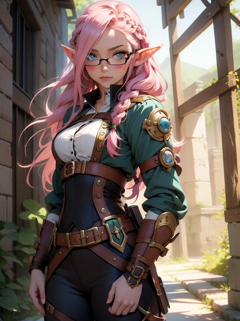 Beautiful Elf posing. with freckles and glasses and long pink hair braided, warrior. steampunk.