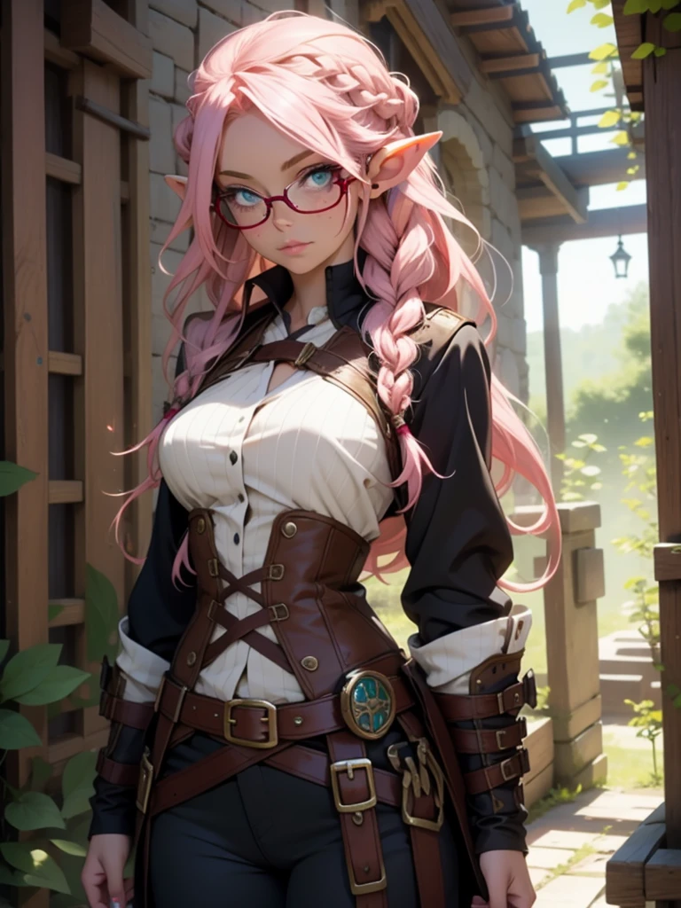 Beautiful Elf posing. with freckles and glasses and long pink hair braided, warrior. steampunk. 

