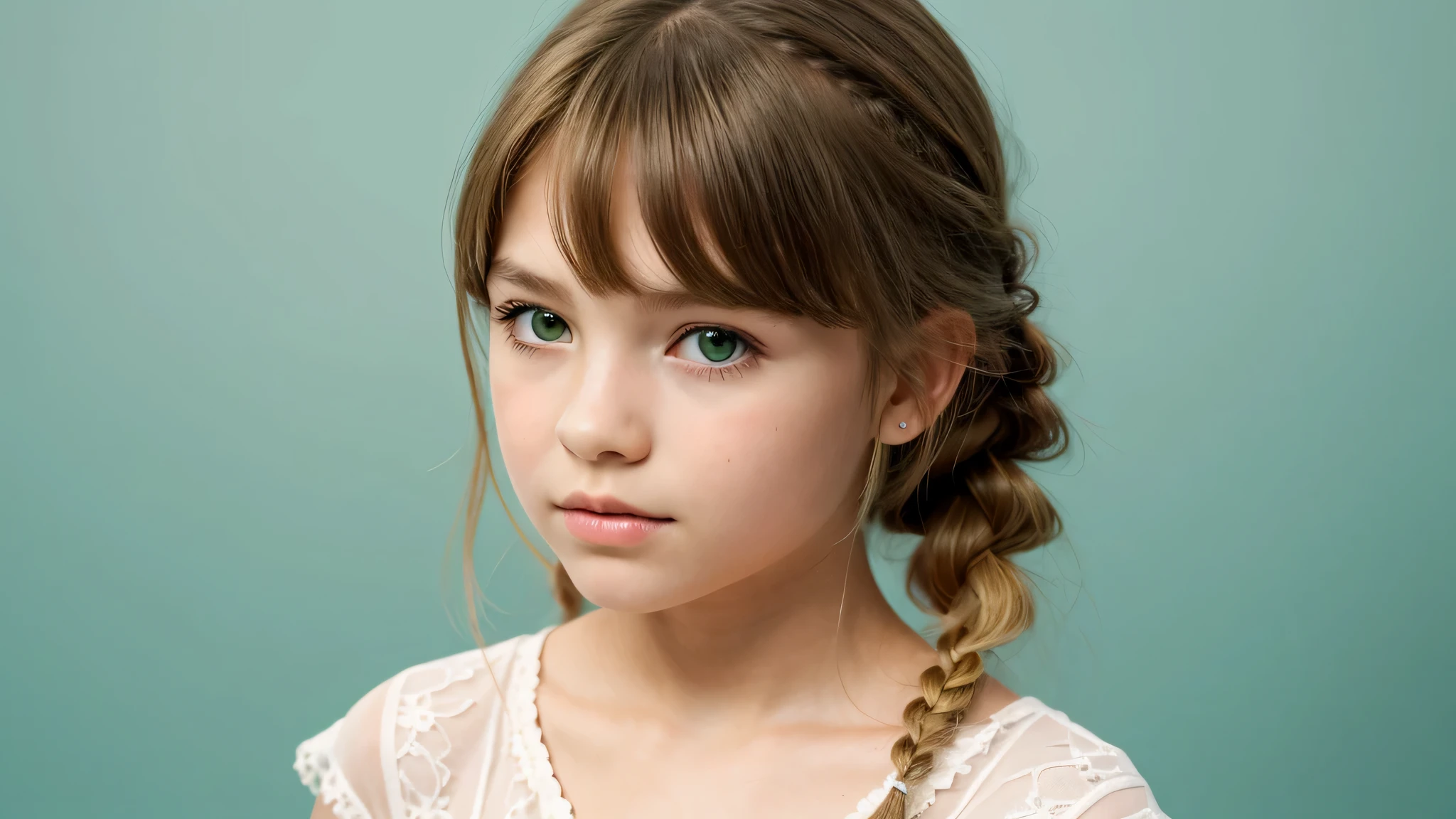 child girl 12 year-old blonde girl, com franja no cabelo longo and braids . green background.