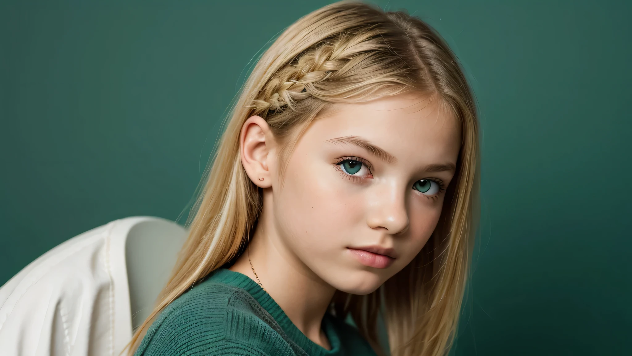  girl 12 yeblonde g, com franja no cabelo longo and braids . green background.