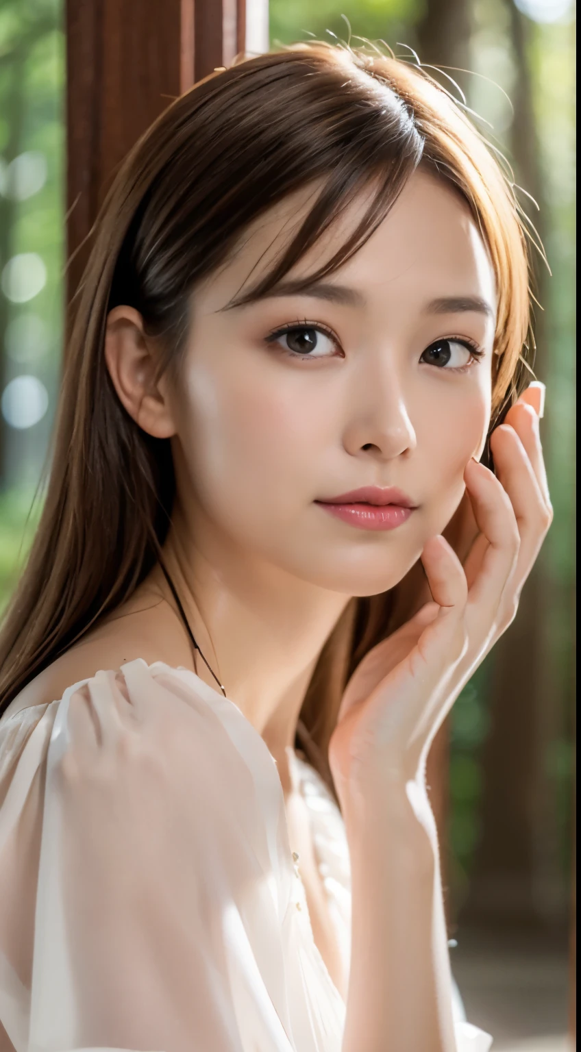 1 female, close up of face, medium chest, light brown hair, dull bangs, hair behind the ear, hair on shoulders, long hair, slender body shape, Ultra fine face, thin face, delicate lips, beautiful eyes, light blush, eyes are light brown, perfect shiny skin, perfect skin, Shining sweat,See here, extra thin hands, Super thin fingers, Optimal ratio of 4 fingers and 1 thumb, (realistic:1.3), finger Extensions, see-through white blouse. coniferous forest, One person's point of view, fuji film, f/1.2, 8k, table top, nffsw, Super detailed, high quality, 最high quality, High resolution,abs,6 Pack,