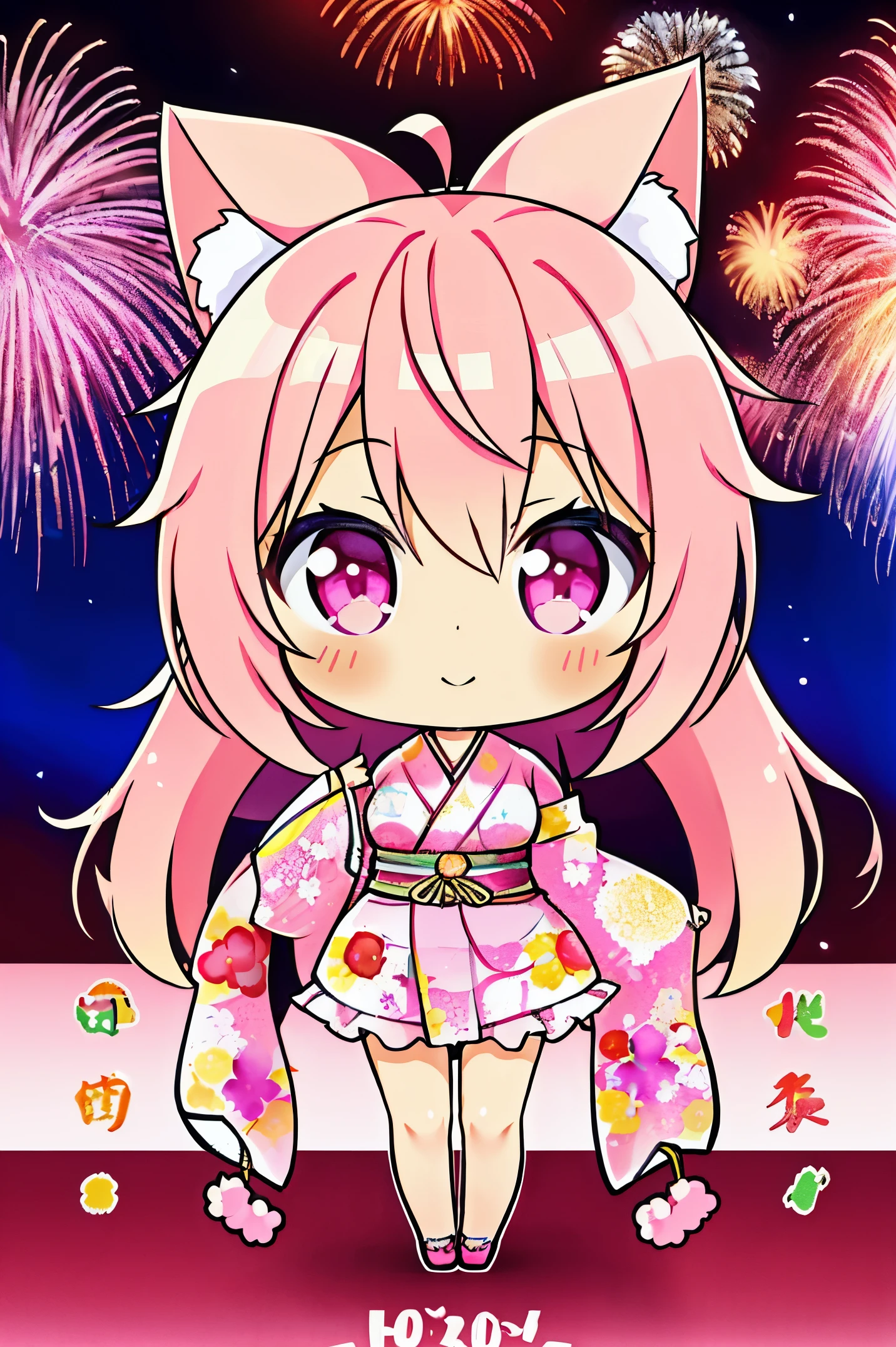"anime girl, 1 person, pink hair, pink cat ears, pink eyes, kimono, cherry pink kimono, cherry blossom petal pattern on shirt, long stockings, big breasts, festival, New Year's Eve fireworks, watching fireworks, night, smiled shyly,solo, looking from different directions, standing cross-legged,chibi, full body.(full HD 4K+ image)"