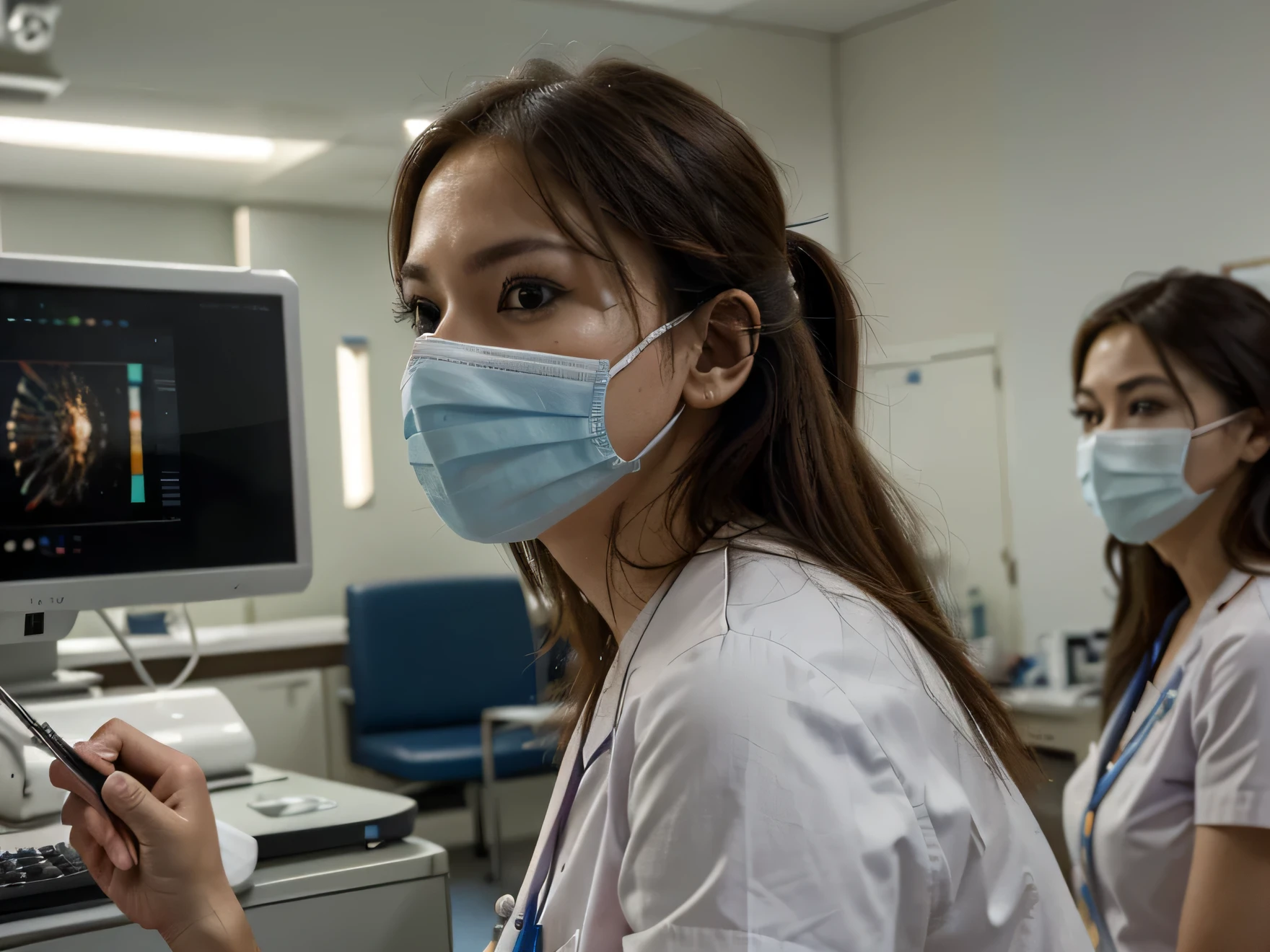 In a hospital, doctors and nurses are working diligently in the operating room to provide care for sick patients. The scene is captured in high resolution (best quality, 4k, highres) to showcase the ultra-detailed (ultra-detailed:1.2) medical environment. The setting exudes a realistic and professional atmosphere, with the use of studio lighting to enhance the vivid colors and the physiologically-based rendering to create a photorealistic effect (realistic:1.37). The doctors and nurses are wearing scrubs and masks, focused on their tasks with extreme detail (extremely detailed eyes and face, long eyelashes:1.1). The hospital equipment, such as surgical instruments, monitors, and anesthesia machines, are depicted with sharp focus and precision (ultra-fine painting). The patients in the room are receiving thorough examination and care from the medical staff. Overall, the scene portrays an efficient and compassionate hospital environment where patients' well-being is the top priority.