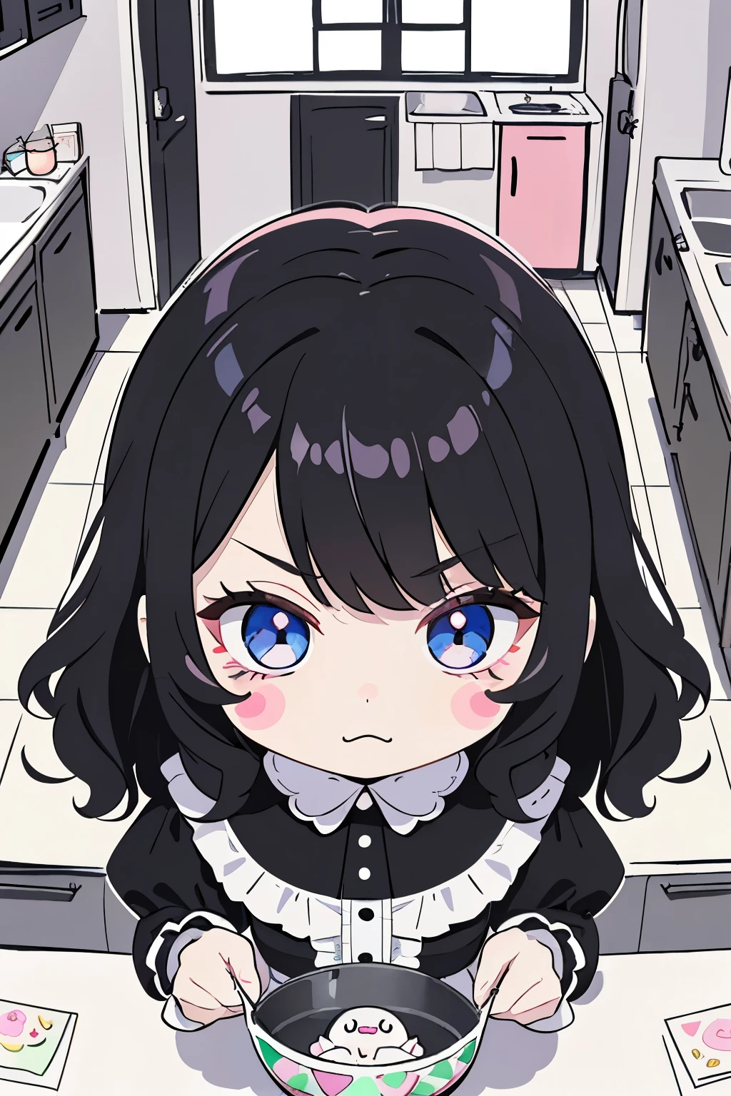  (highest quality), (Super detailed), (whole body: 1.2), 1 girl, , cute, sharp and serious face,(Colorful and cute kitchen:1.3), pink and black and white gothic lolita clothes, blush, : 3,(banguri and, (black hair:1.3),(blue eyes:1.2),(Long, fluffy hair),(Fluffy curly hair), (brown eyelash stickers, Bangortiful detailed face), (Beautiful and detailed eyelid body,cuteポーズ,(cooking),(perspective from above:1.2),