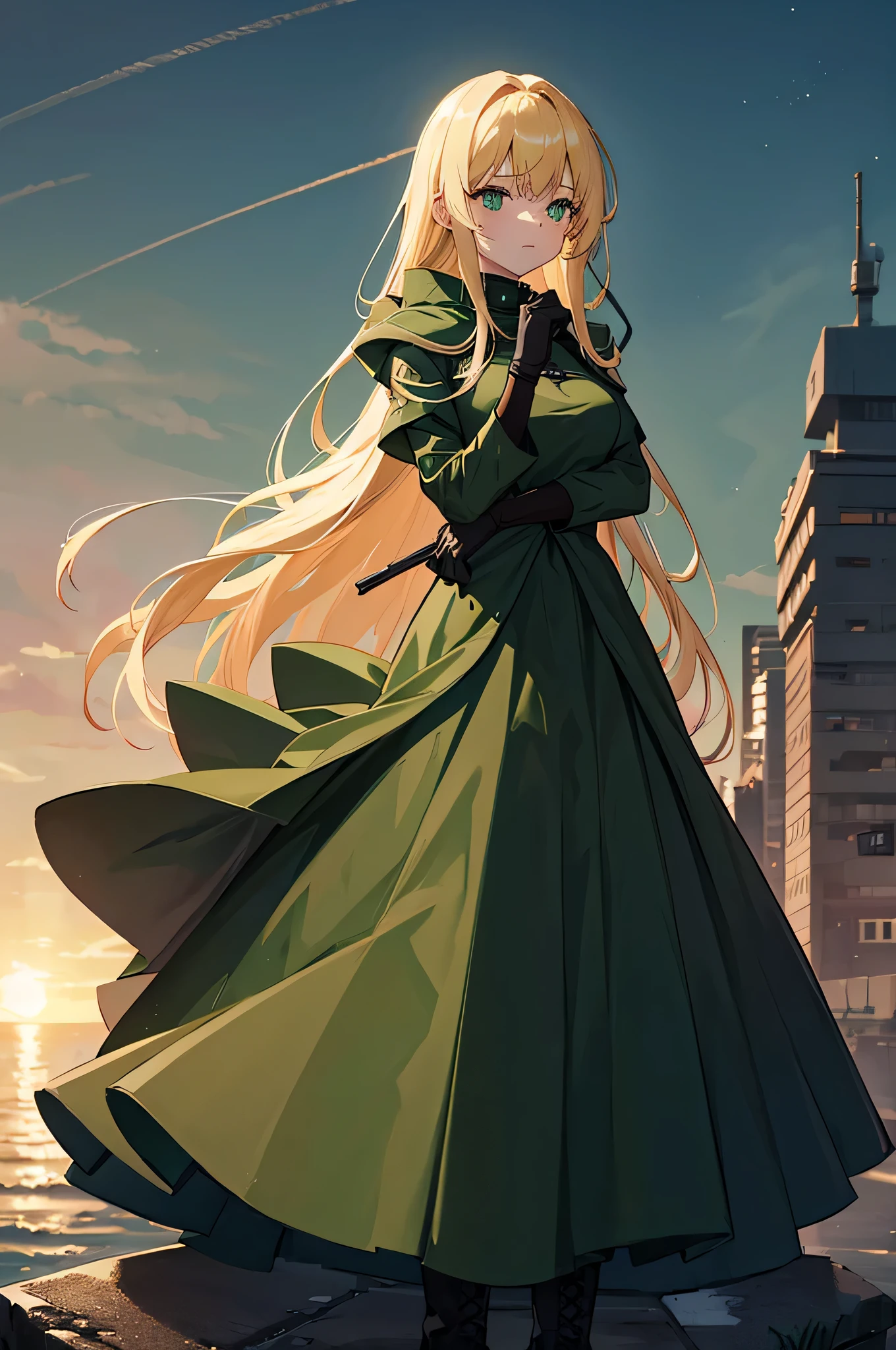 4k,High resolution,one woman,blonde,long hair,green eyes,sister,dark green military dress,dark green boots,dark green long gloves,dark green hood,collapsed city,sunrise sky