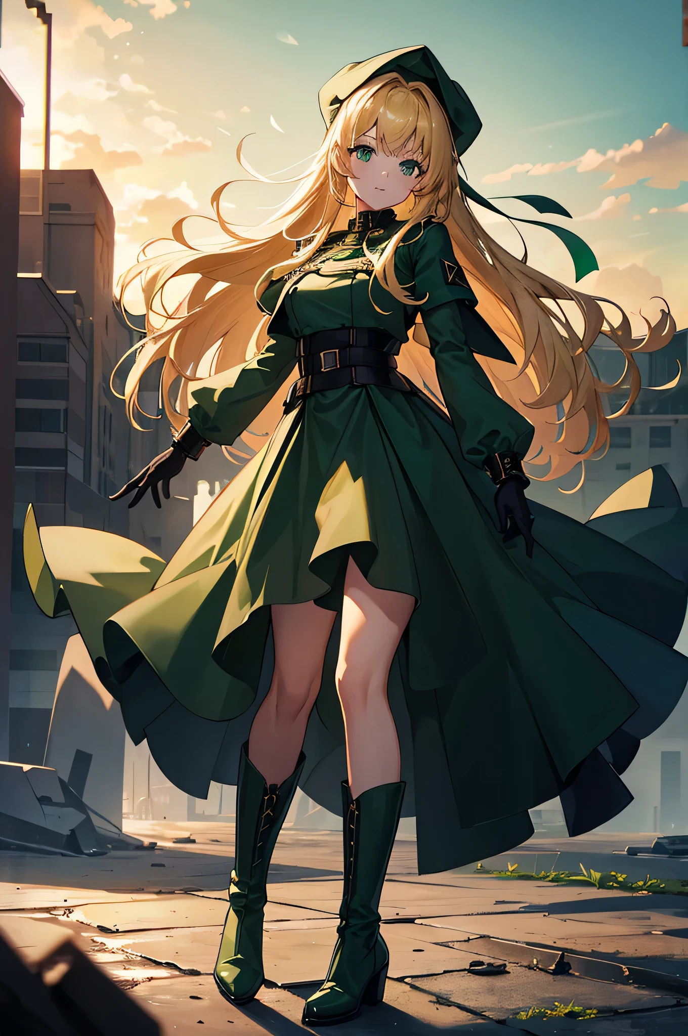 4k,High resolution,one woman,blonde,long hair,green eyes,sister,dark green military dress,dark green boots,dark green long gloves,dark green hood,collapsed city,sunrise sky