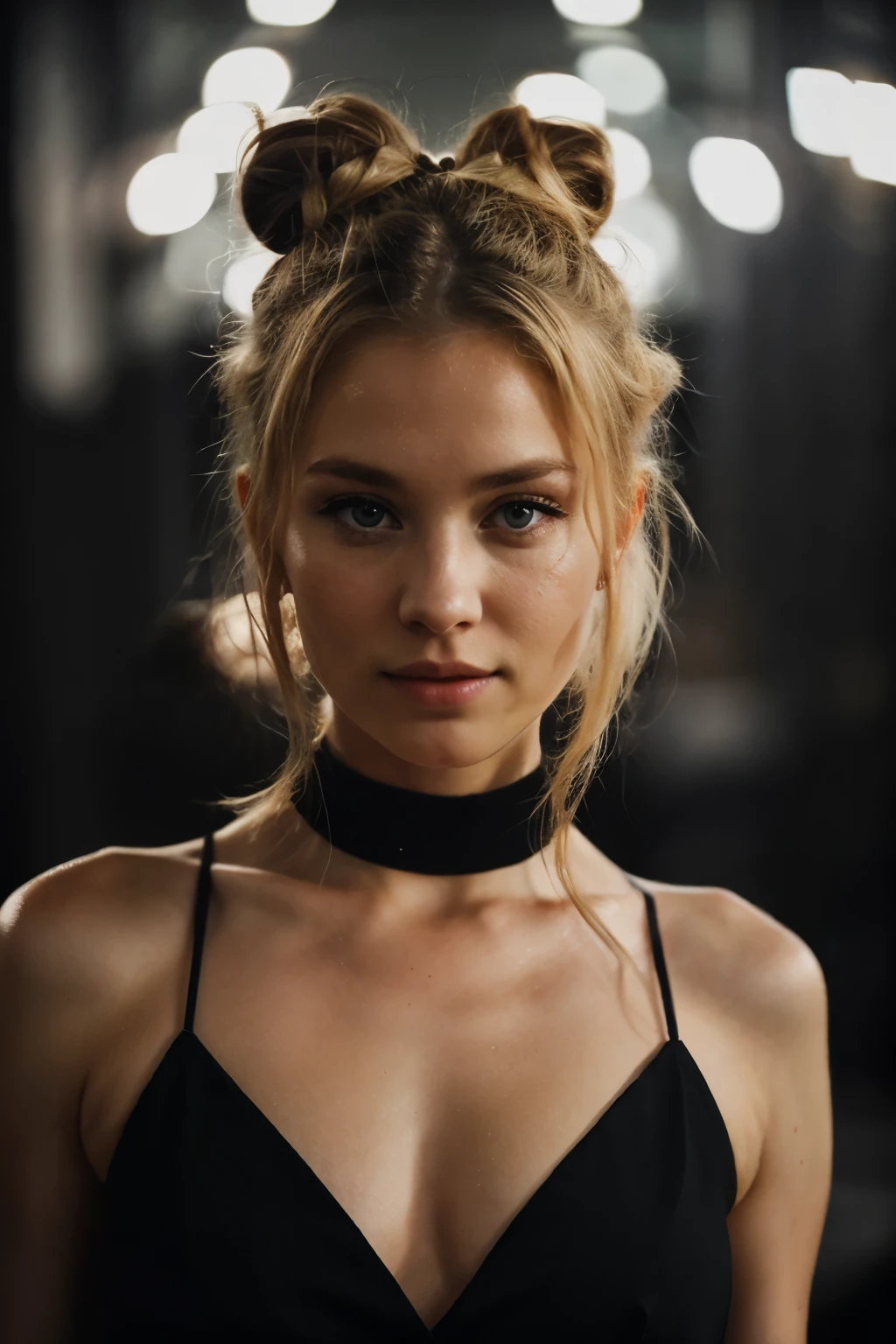 an eye contact of a blond with bun hair and dark theme