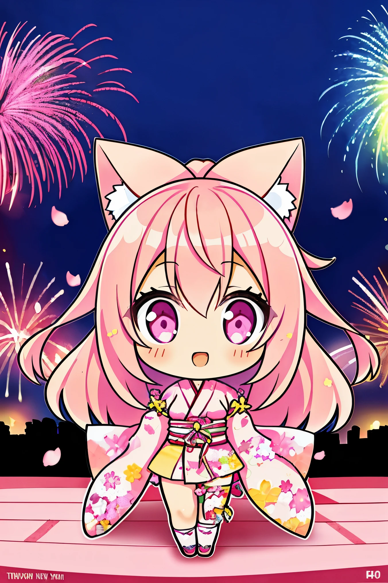 "anime girl, 1 person, pink hair, pink cat ears, pink eyes, kimono, cherry pink kimono, cherry blossom petal pattern on shirt, long stockings, big breasts, festival, New Year's Eve fireworks, watching  fireworks, night, smiled shyly,solo, looking from different directions, standing cross-legged,chibi, full body.(full HD 4K+ image)"