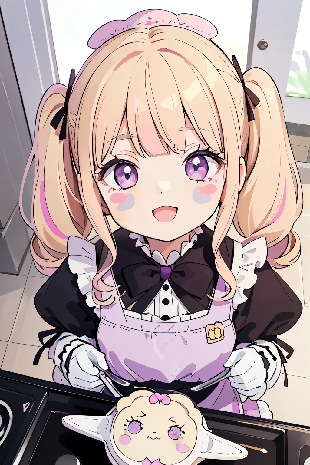  (highest quality), (Super detailed), (whole body: 1.2), 1 girl, , cute, smiling face with open mouth,(Colorful and cute kitchen:1.3), pink and purple and black and white gothic lolita clothes, blush, : 3,(banguri and, (Thin blonde hair:1.3),(light purple eyes:1.2),(Fluffy twin tails with a lot of hair),(Fluffy curly hair), (brown eyelash stickers, Bangortiful detailed face), (Beautiful and detailed eyelid body,cuteポーズ,(cooking),(perspective from above:1.2),