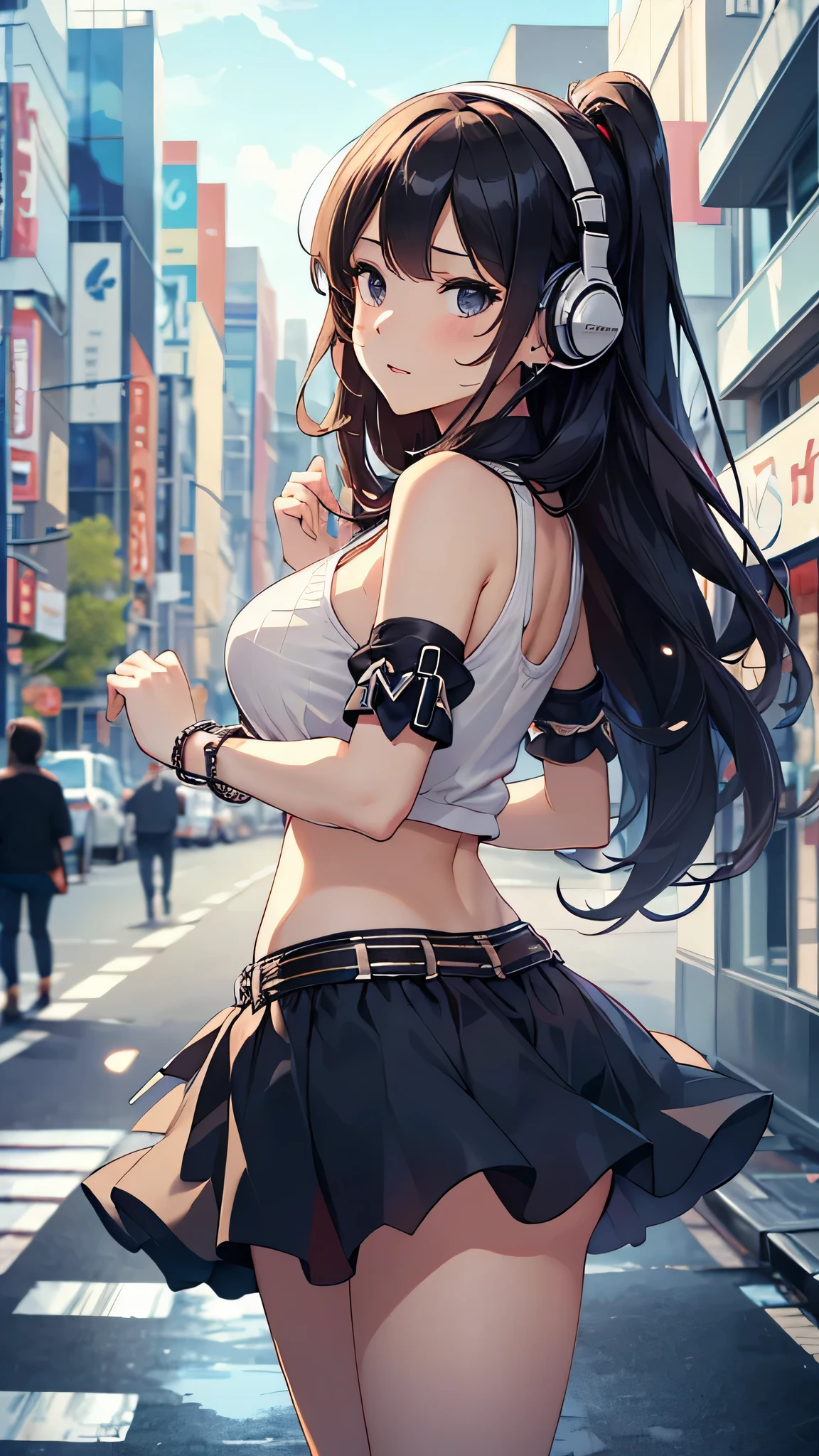 最high quality、best image quality、masterpiece、teenage girl((18-year-old、 by becoming、vest bust、medium bust,wide open breast tea、black eye, black hair、long hair、thin,highest valley、cute makeup、black short skirt、Red spats、fluttering hair、white navel tank top、chain accessories、headphones,dance motion,Fierce dance、best smile)),high quality、beautiful art、background((Live on the street、galleries、Akihabara)),pieces fly、Depth of written boundary、movie、visual art、perfect art、