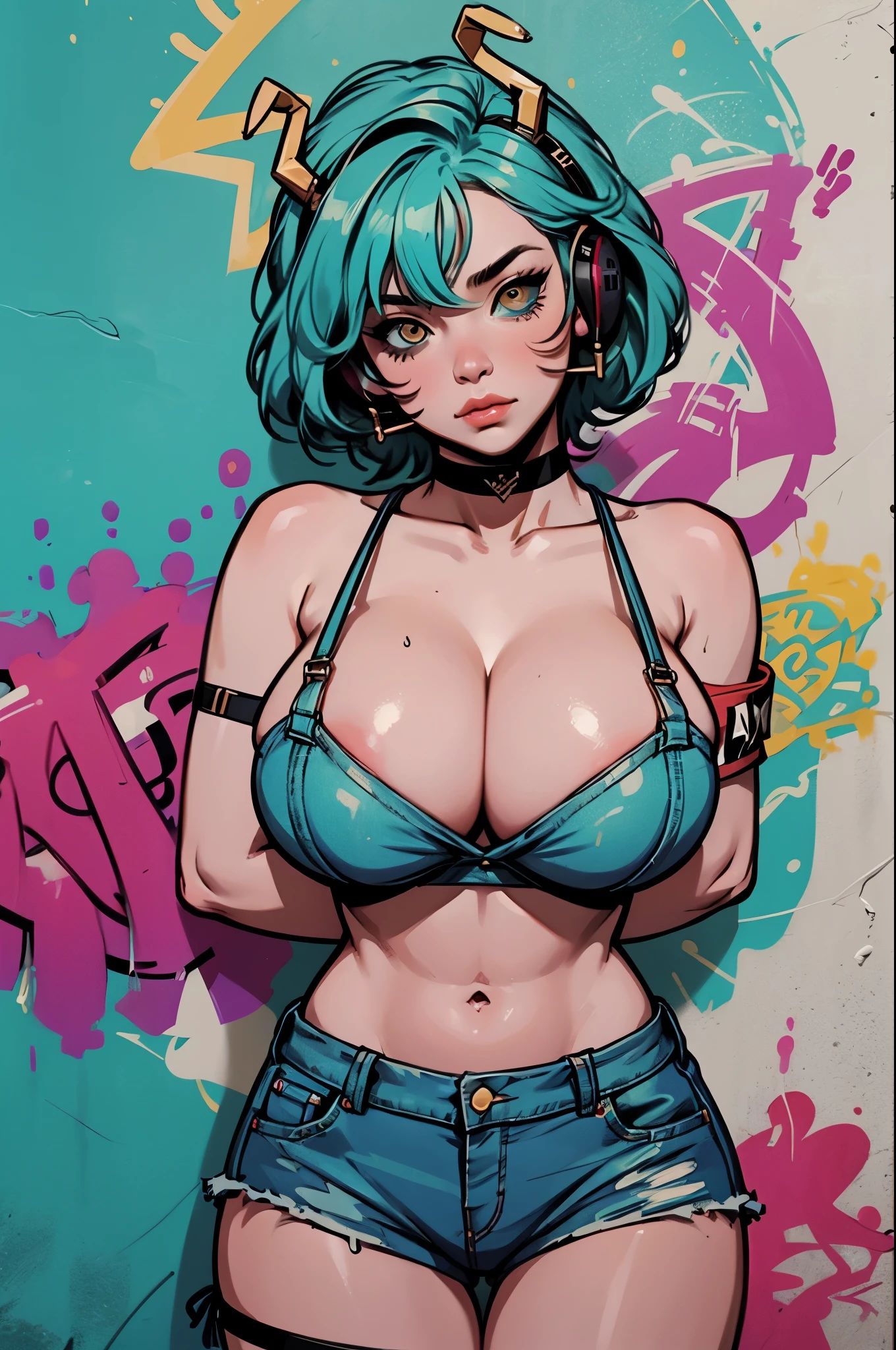 masterpiece, best quality, 1girl, solo, crop top, ((colossal cleavage:1.3)), denim shorts, choker, (graffiti:1.5), paint splatter, arms behind back, against wall, looking at viewer, armband, thigh strap, paint on body, head tilt, bored, multicolored hair, aqua eyes, headset, peepshow, nipslip