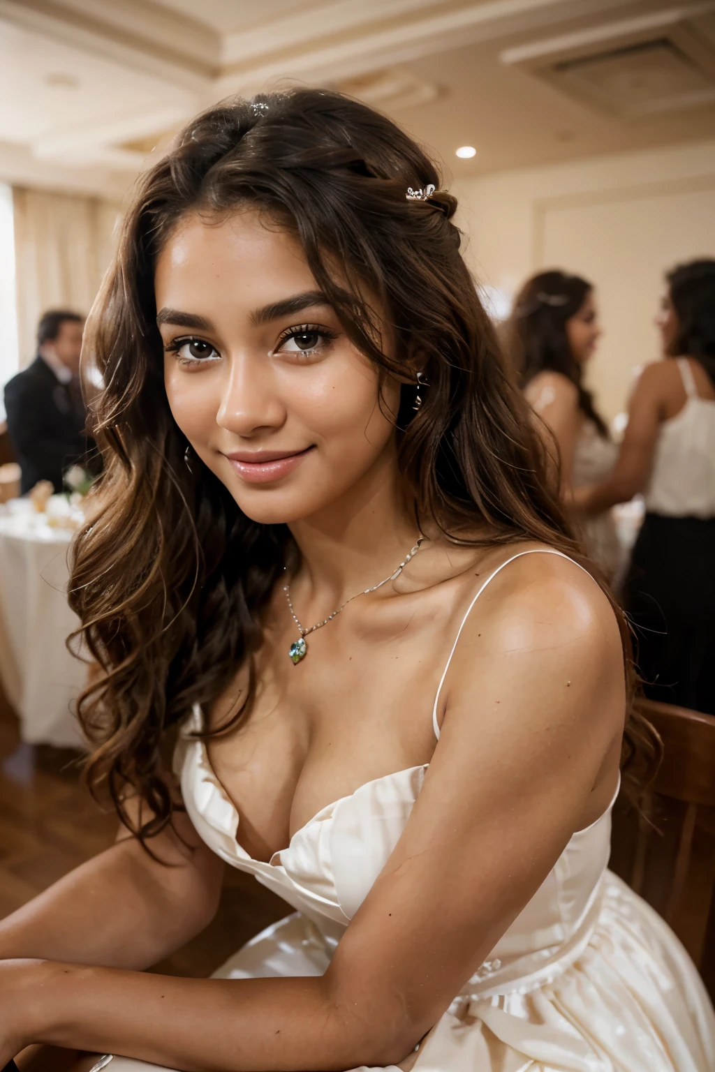 (best quality,ultra-detailed,photorealistic, non-blurry)young woman,beautiful eyes,detailed lips, caramel complexion, soft lighting,vibrant colors, wavy and voluminous hair pinned up, happy expression, wedding guest at a reception party, ultra-detailed dress, ultra-detailed jewelery, sitting across the table photo