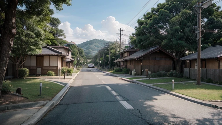 （View of Japanese towns），（hayao miyazaki style），Cartoons，road，Corners，casa，The tree，pole，white cloud，scenecy，out door，Trees，Epic composition，photorealistic lighting，high-definition detailaster-piece，best qulity，（Very detailed CG unified 8k wallpaper），Landscape composition，ModernArchitecture --v6