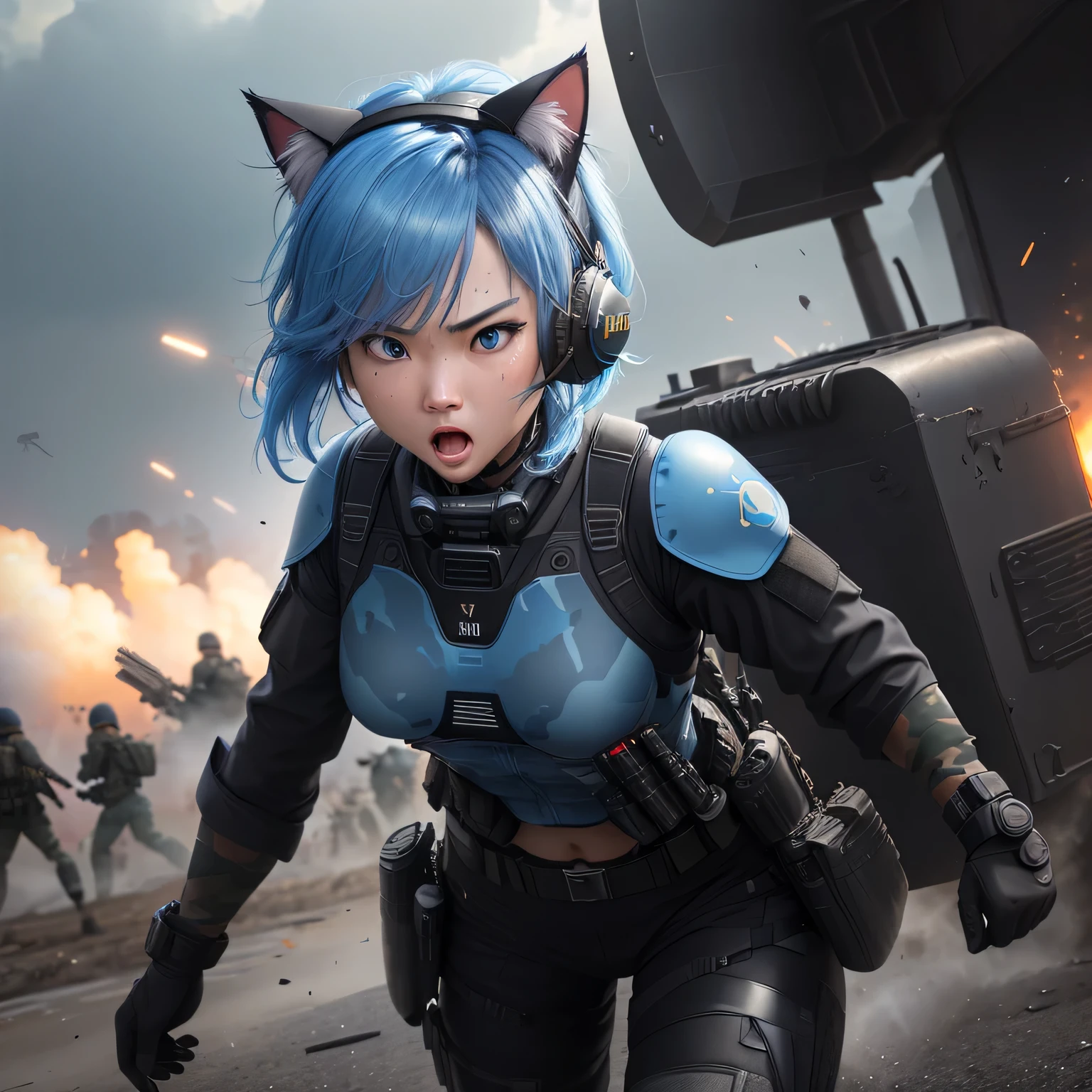 (8k, HDR, RAW photo, best quality, masterpiece:1.2, cinematic lighting), close up view, cinematic view, cinematic angle, a scene of battlefield, (Korean woman fight in battlefield), military, combat pose, solo, (thin face), realistic beautiful face, very detailed face, angry face, serious, open mouth, (bob cuts hair), ((sky blue hair)), path traced hair, (sky blue cat ears), ((sky blue eyes)), beauty eyes, (flat chest), (small breast), ((tactical black headset)), black camo uniform, black shoulder pads, black tactical vest, black armor pads, tactical socks, black tactical pants, detailed and complex busy background, barricade, shooting, bullet rain, fire, explosion, (Battlefield:1.3), look up, upper body
